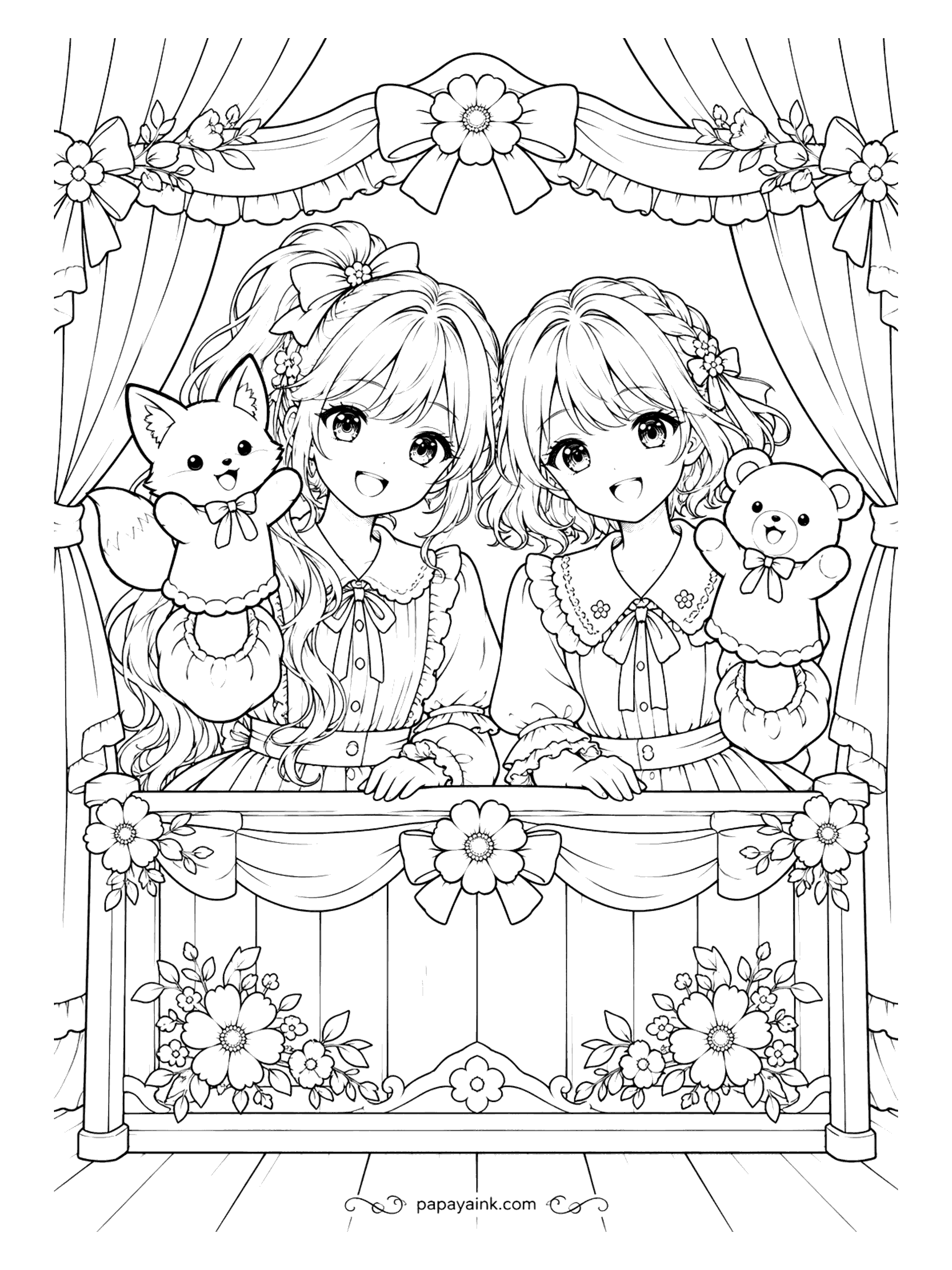 Anime Girl Coloring Pages - Curtain up! Behind a little stage trimmed with bows and blossoms, a fox puppet and a teddy bear puppet wave to the audience, and the puppeteers look just as pleased.