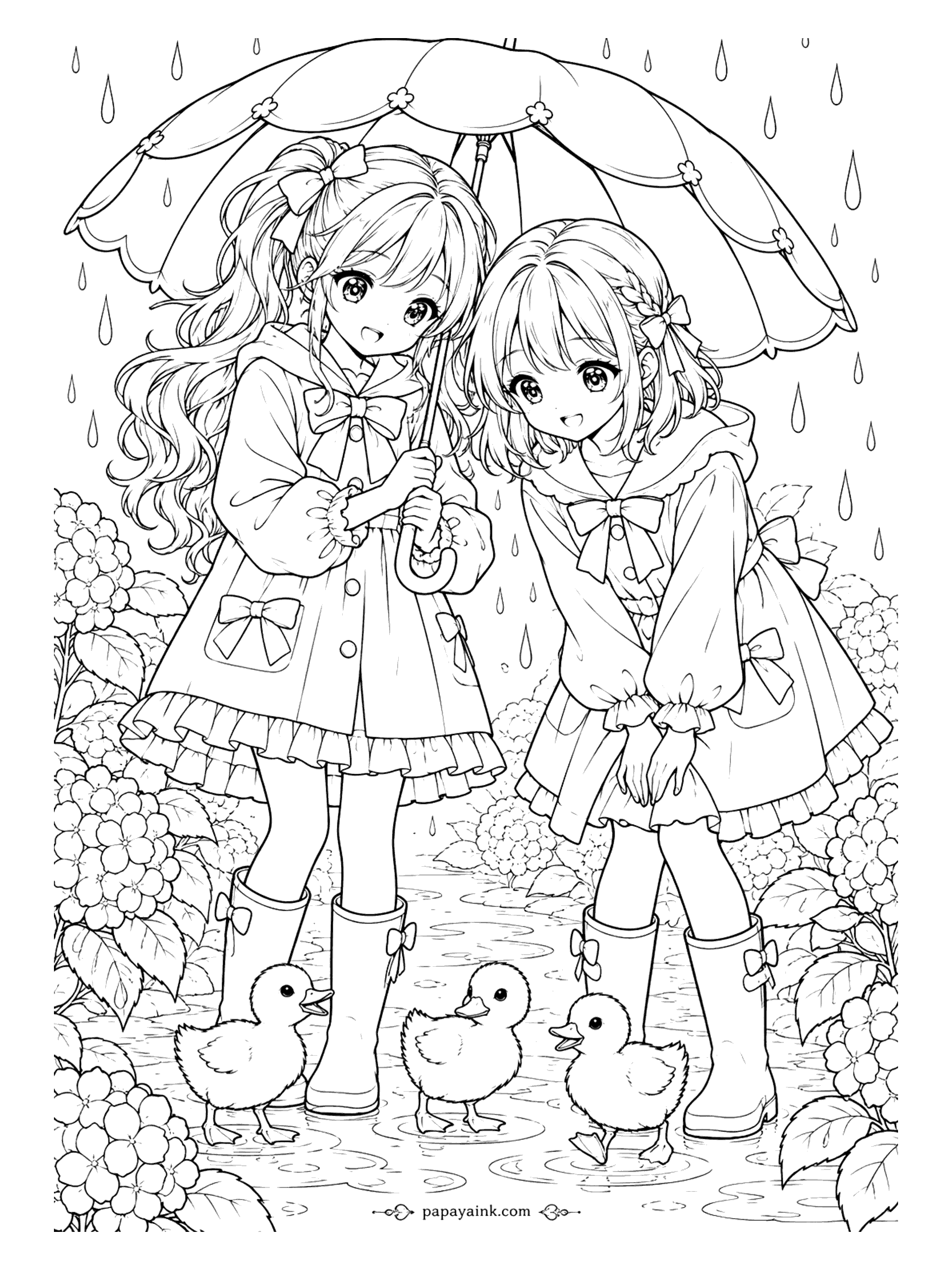 Anime Girl Coloring Pages - Plenty of room under one big umbrella. Ruffled raincoats, bow-trimmed boots and a line of ducklings crossing the puddle make this rainy-day page anything but gloomy.