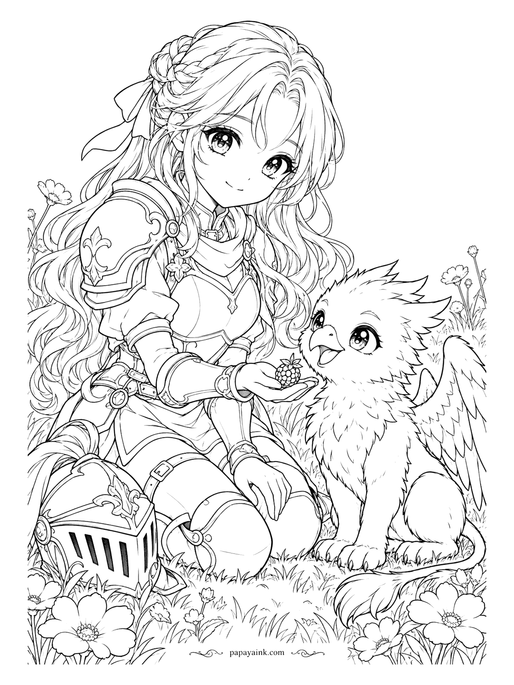 Anime Girl Coloring Pages - Helmet off, a young knight kneels in the grass to offer a berry to a baby griffin, all fluff, beak and brand-new wings. The armor plates are a good place to try metallic pencils.