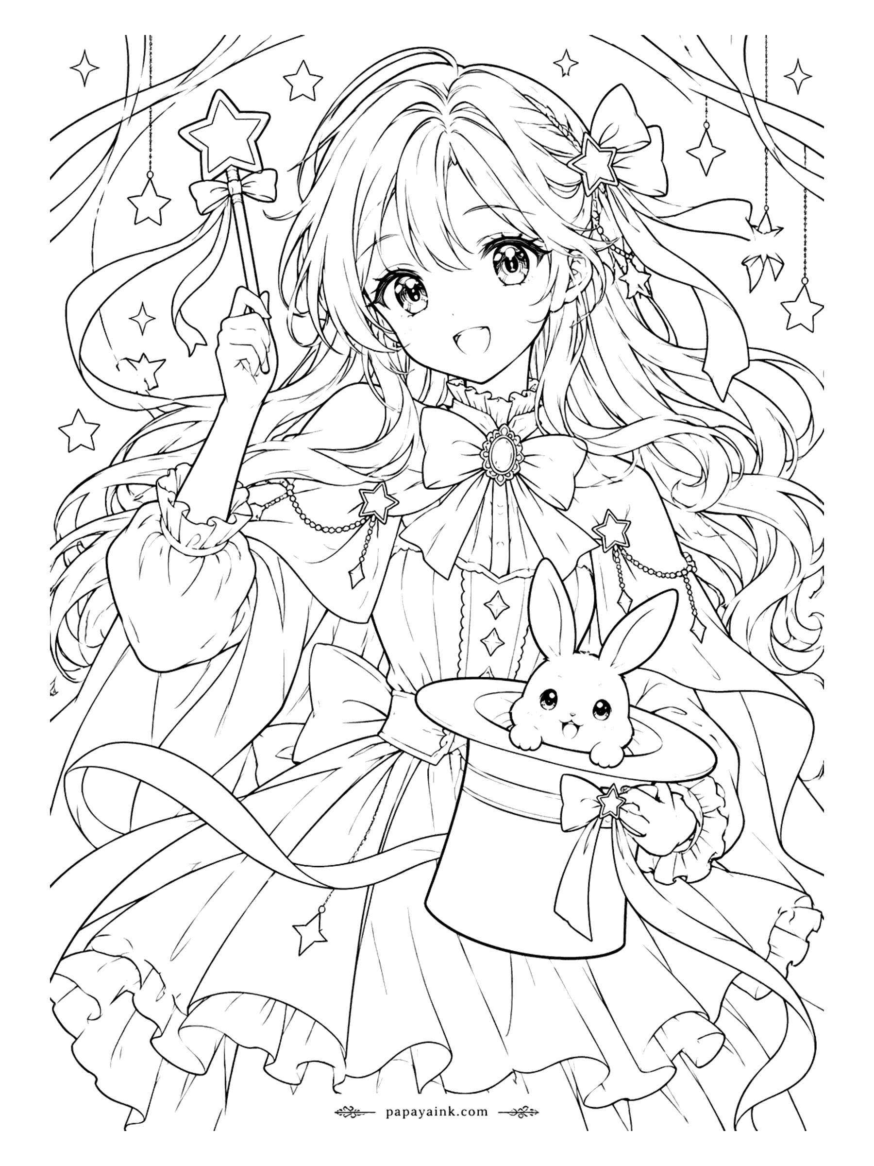 Anime Girl Coloring Pages - Tonight's trick went perfectly: out of the top hat pops a bunny, to a wave of a star wand and a swirl of ribbons. Detailed - the caped costume is covered in bows, beads and tiny stars.
