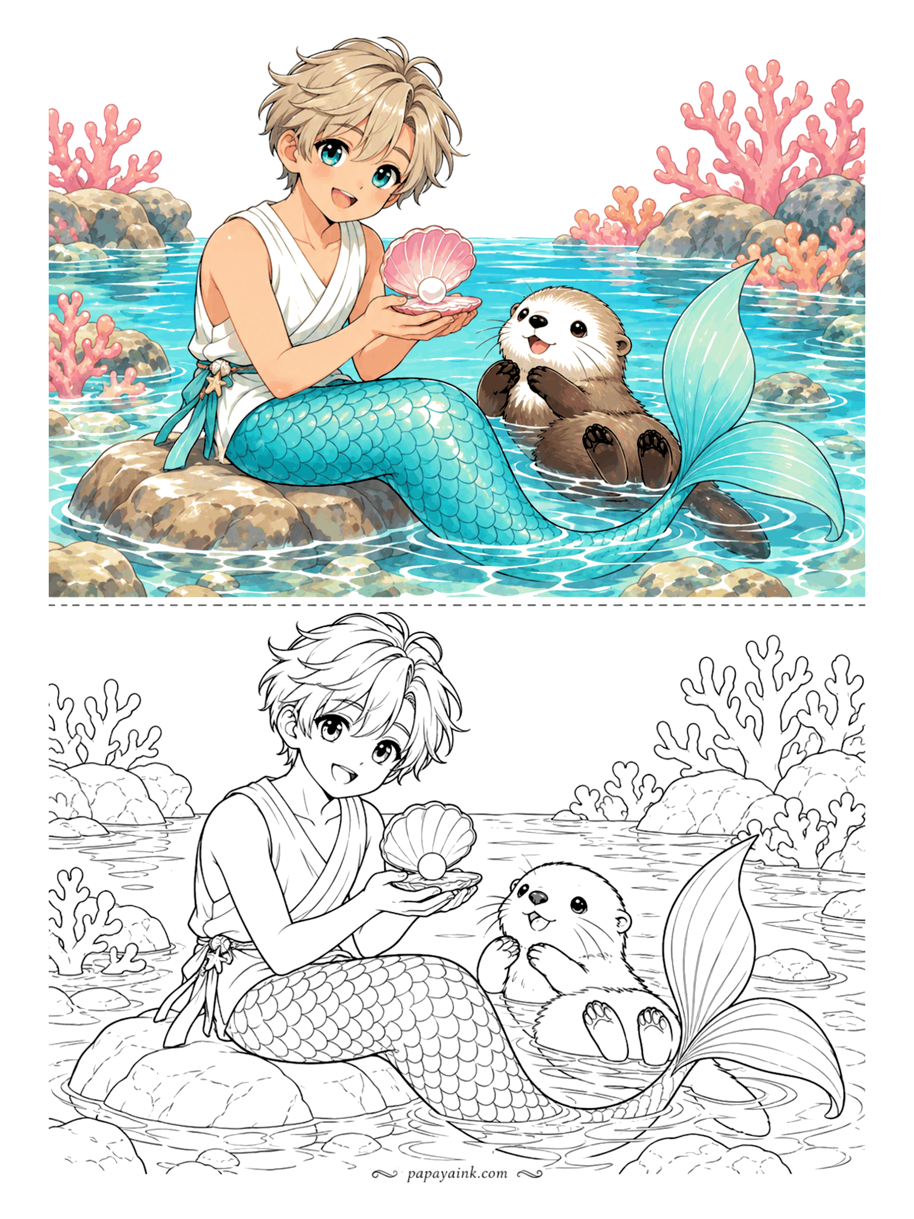 Anime Boy Coloring Pages - Perched on a rock in a shallow lagoon, a merboy with a turquoise tail shows his pearl to a sea otter floating on its back. Rows of scales make a good place to practice a gradient.