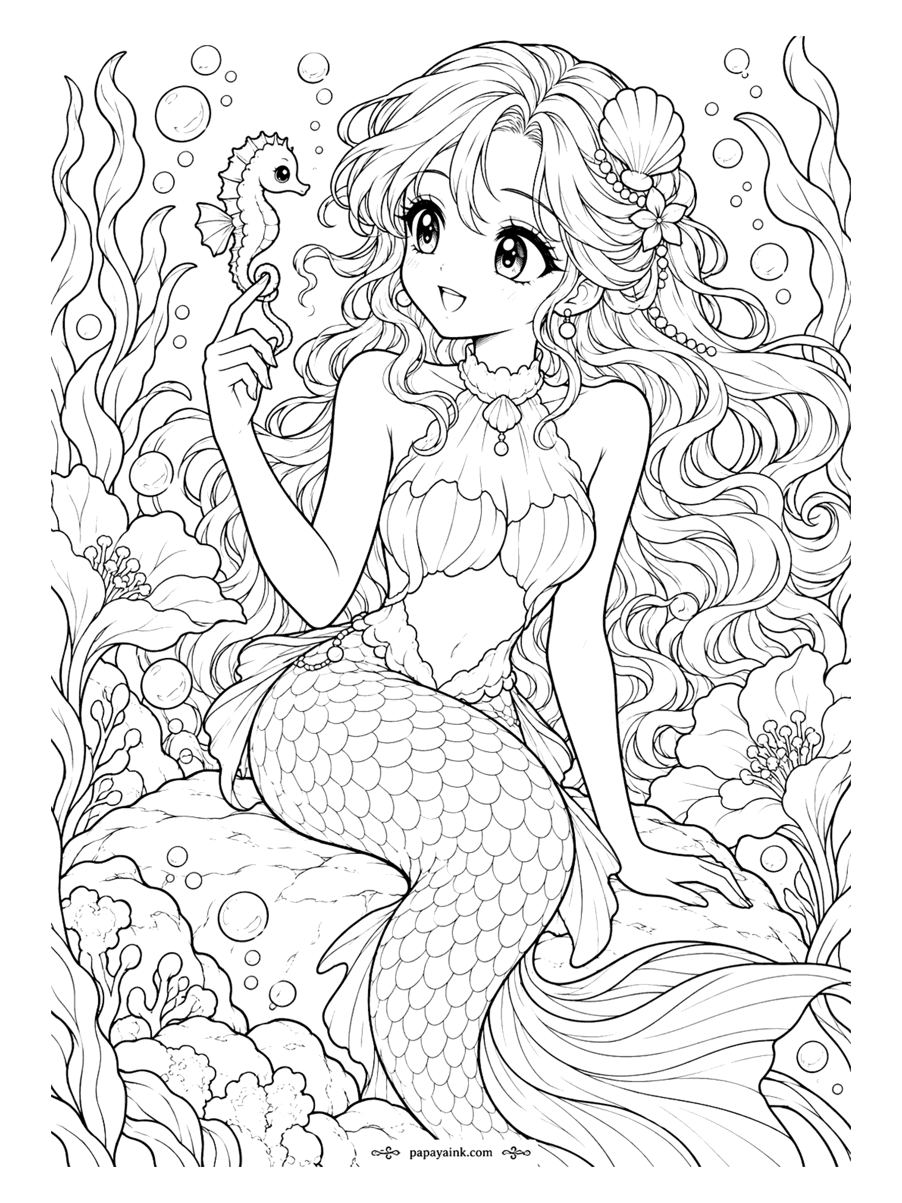 Anime Girl Coloring Pages - Down among the sea flowers a mermaid chats with a seahorse perched on her fingertip. Rows of tail scales make this one ideal for gradients and metallic gel pens.