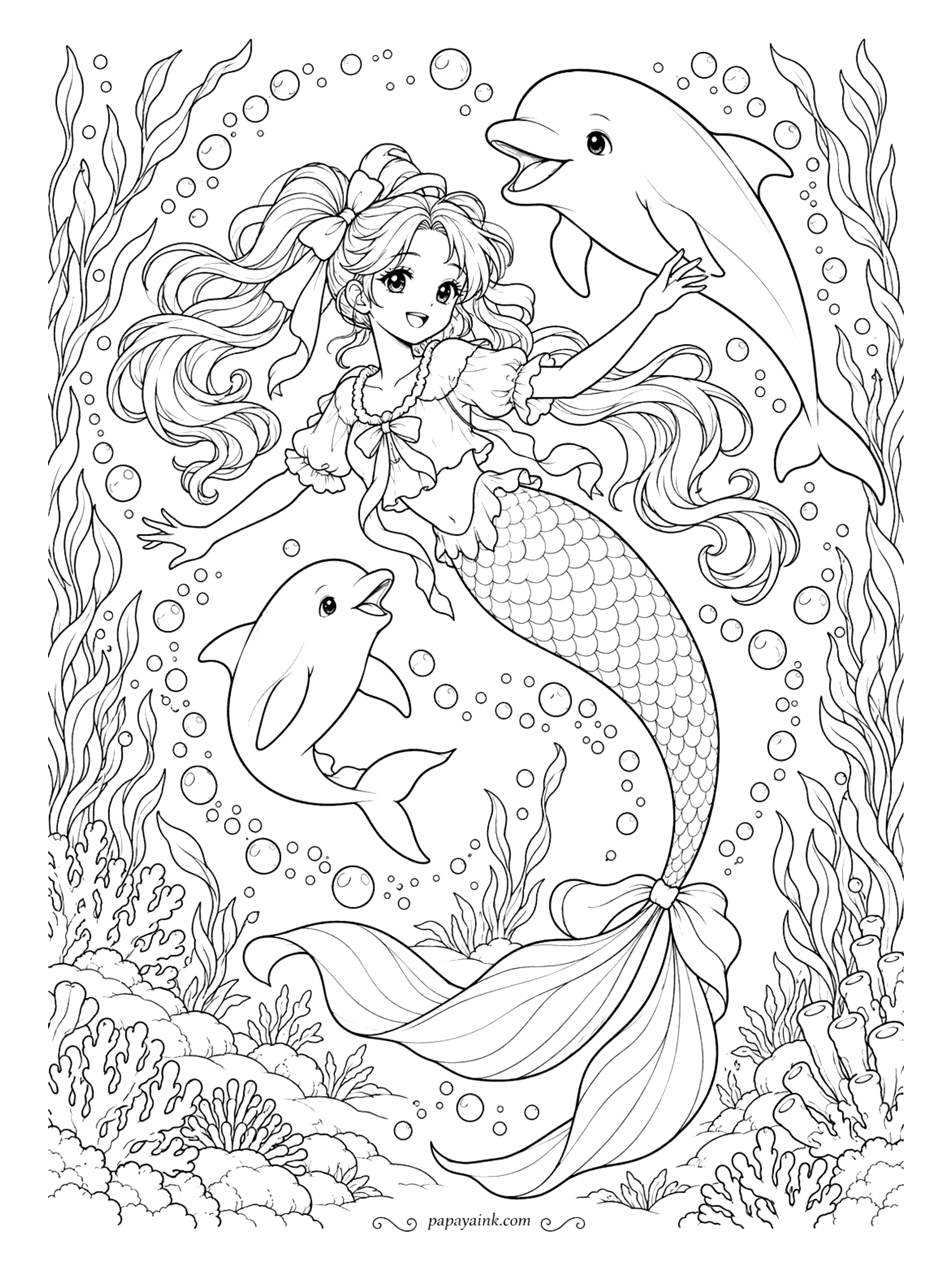 Cute Mermaid Coloring Pages - Two dolphins, one mermaid and a ring of bubbles: the game is tag, and nobody is sure who is it. Drawn in an anime style, with ribbons in her hair and a bow on her tail. Detailed - long flying hair and a border of kelp.