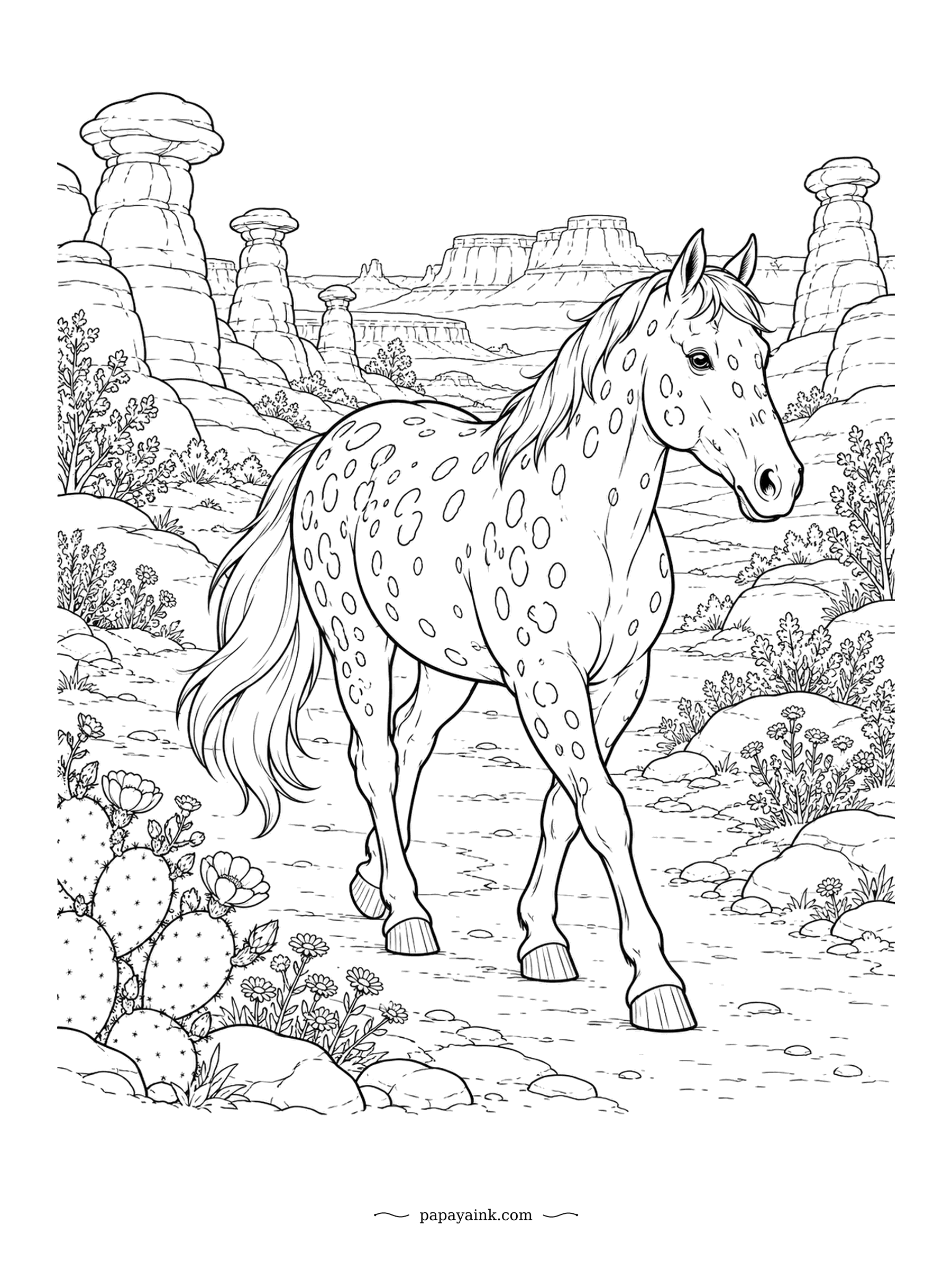 Horse Coloring Pages - Spots on the hindquarters, stripes on the hooves, and a canyon of rock pillars beyond. The Appaloosa was developed by the Nez Perce people of the American Northwest, and the striped hooves are as much a breed mark as the spots. Cactus blooms below.