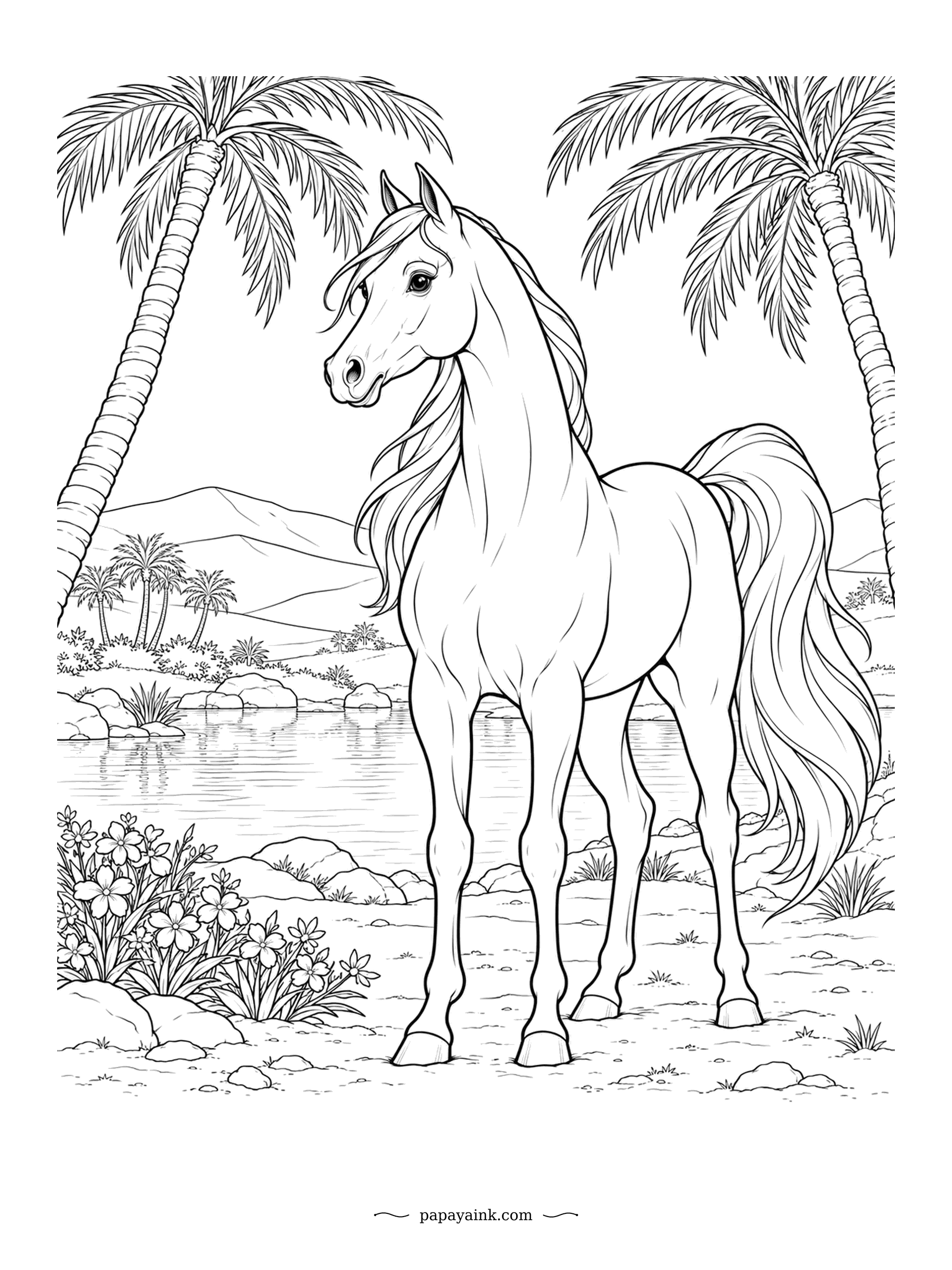Horse Coloring Pages - Dished face, high tail, and a pool under the date palms. Arabians carry one fewer vertebra in the back than most horses, which is part of why the tail sits so high. Palm fronds and still water: use the reflection for a second, paler horse.
