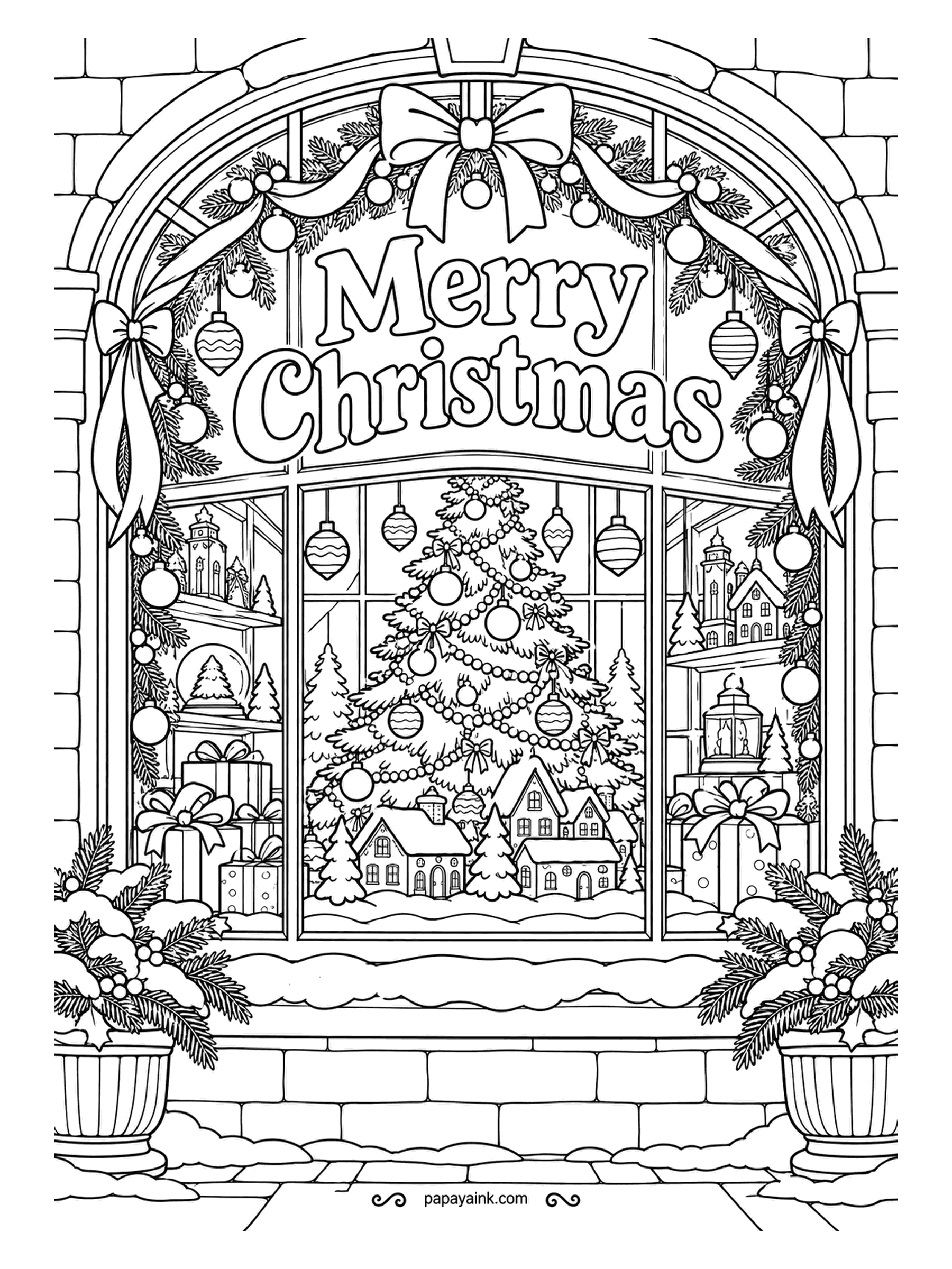 Merry Christmas Coloring Pages - Behind the arched glass stands a tree, with a toy village on the sill and swags of ribbon across the stone. Detailed - color the window panes pale yellow first so everything inside looks lit.