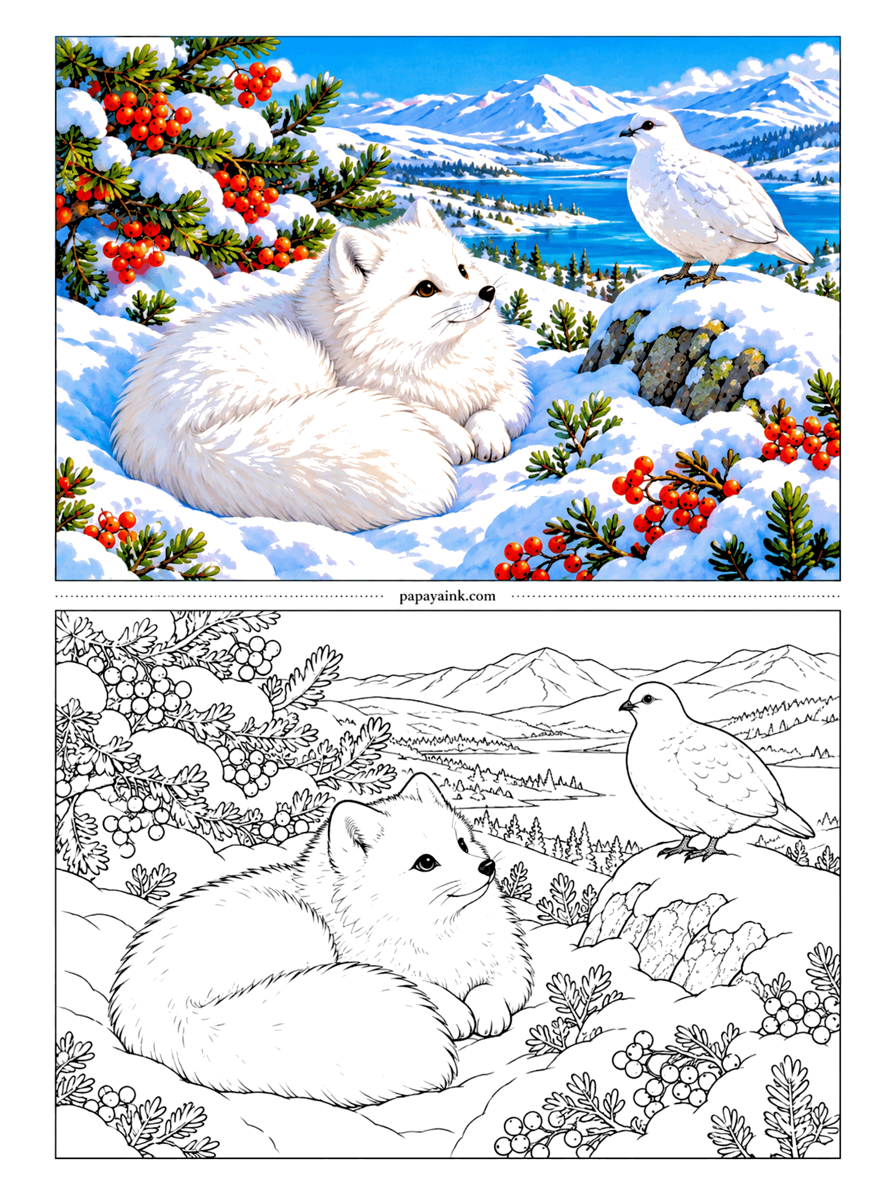 Fox Coloring Pages - Curled into its own tail like a scarf, an arctic fox watches a ptarmigan that is just as white and just as hard to spot. Color the sky and the lake, let the paper stay snow, and the red berries do the rest.