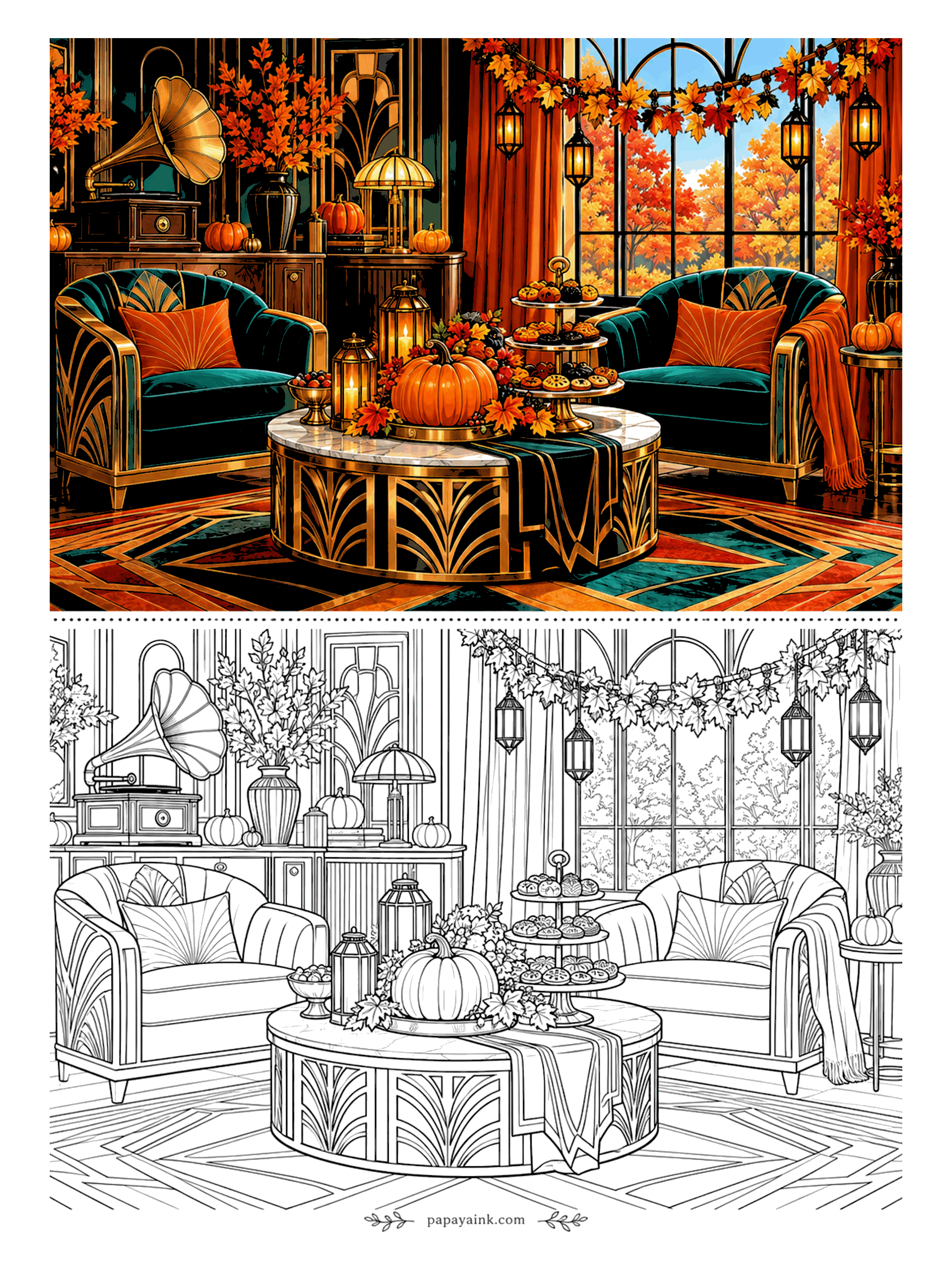Halloween Coloring Pages for Adults - Gold sunbursts on the armchairs, a gramophone on the sideboard and one pumpkin on the marble table: the Art Deco lounge is dressed for the party before the guests arrive. Deep emerald for the velvet, and let the brass catch the lamplight.