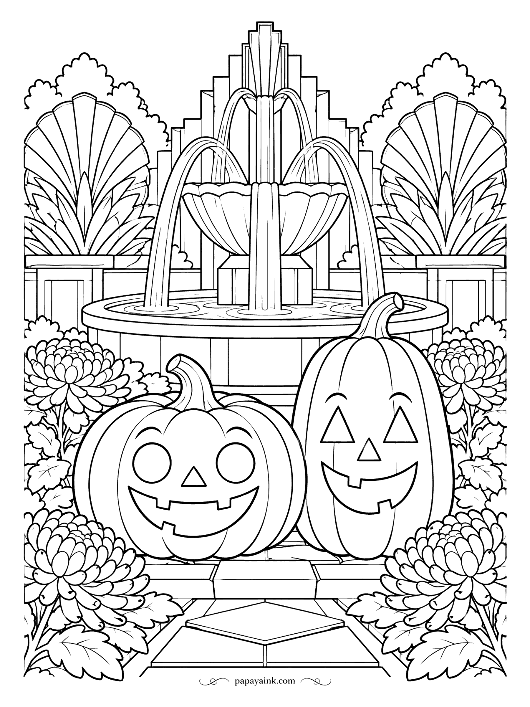 Pumpkin Coloring Pages - A tiered fountain splashes behind two jack-o'-lanterns, framed by fan-shaped palms, chrysanthemums and geometric paving stones. Symmetry is the whole point of Art Deco, so try mirroring your colors left and right.