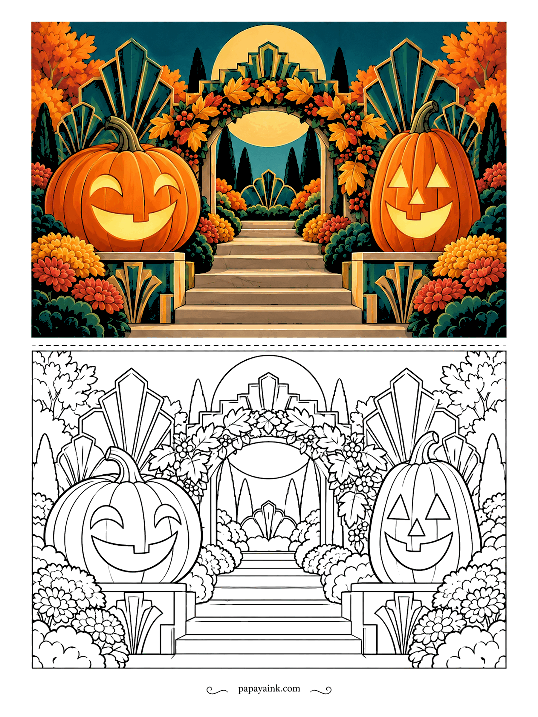 Pumpkin Coloring Pages - Two jack-o'-lanterns stand guard at the foot of a stairway leading through a flowered arch, framed by fan shapes and a pale moon in true 1920s style. Detailed. Gold and teal work beautifully with the orange.