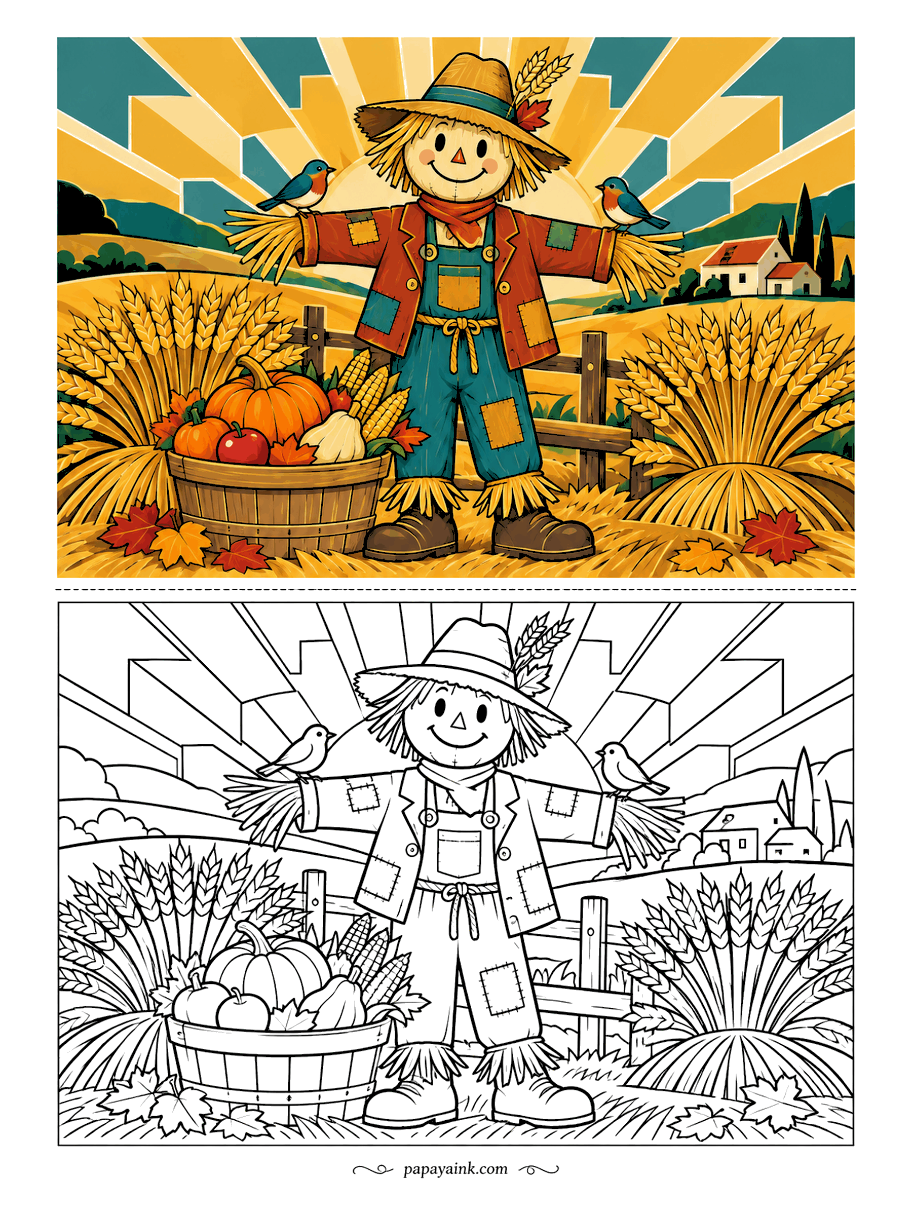 Scarecrow Coloring Pages - Straight out of a 1920s Art Deco poster: a golden sunburst, matching wheat sheaves on both sides and a harvest basket of pumpkins, corn and apples at his boots. Two birds have landed on his sleeves. Metallic gel pens look great on the rays.