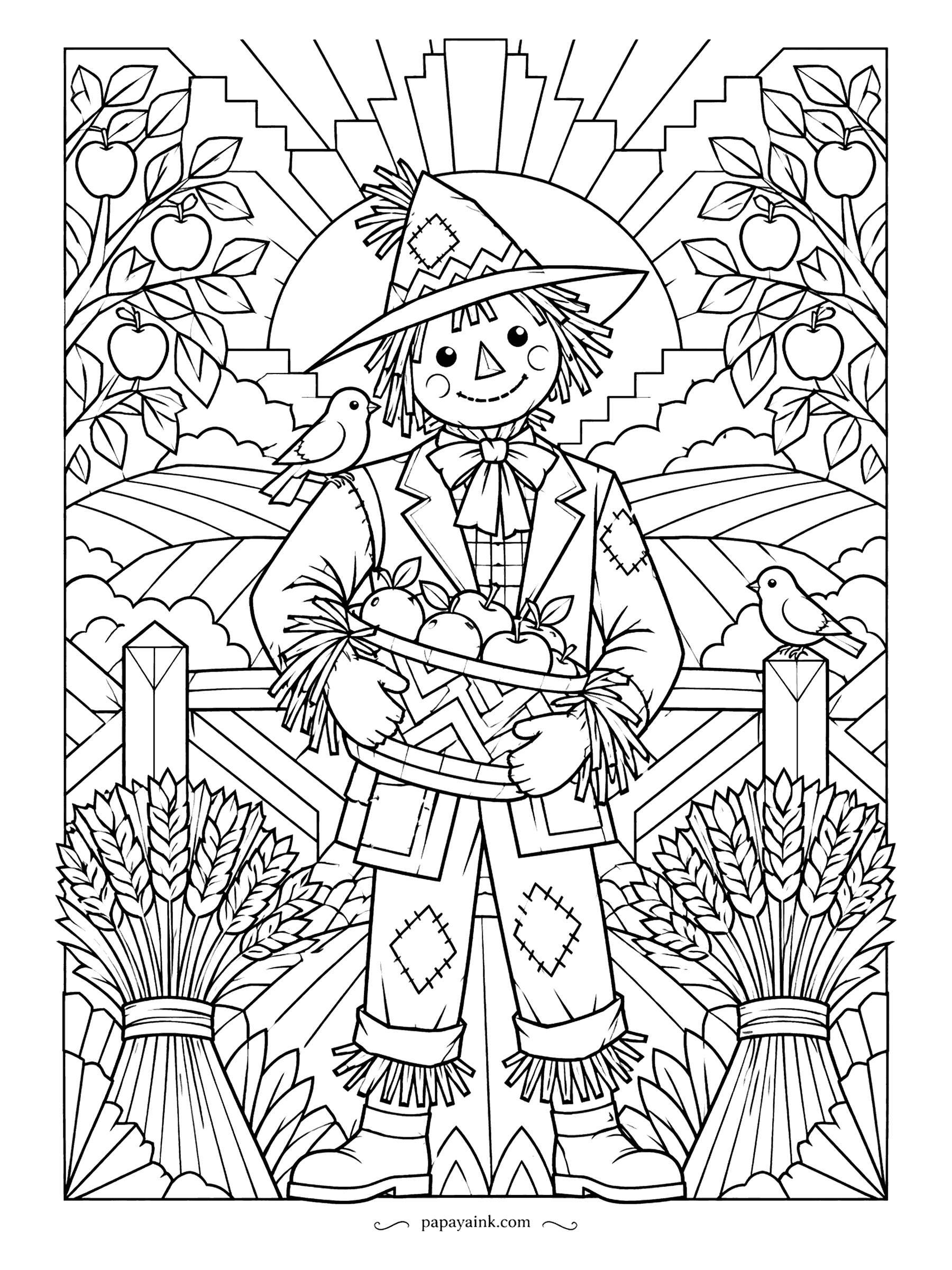 Scarecrow Coloring Pages - Stepped sunrays, mirrored wheat sheaves and apple trees in neat columns give this Art Deco scarecrow a poster-like order. He holds a bowl of apples, one bird on his shoulder and another on a post. Detailed.