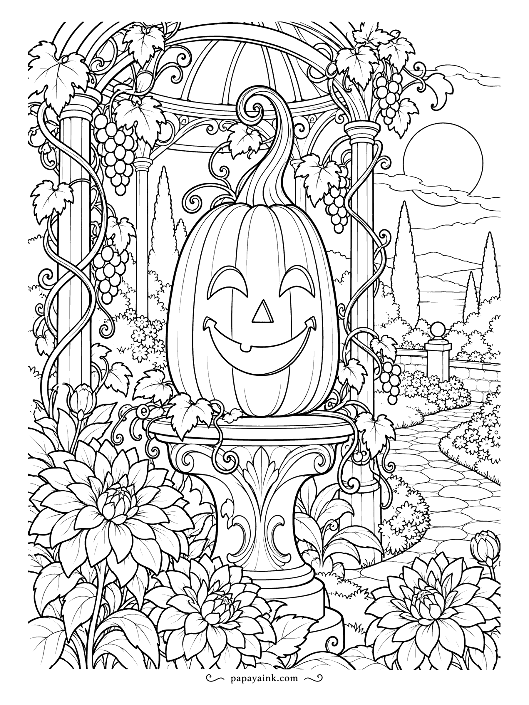 Pumpkin Coloring Pages - Grapevines climb the columns of a garden gazebo, where a tall jack-o'-lantern stands on a carved pedestal. Dahlias crowd the foreground and a moonlit path winds toward the hills. Detailed - every leaf and tendril is outlined.