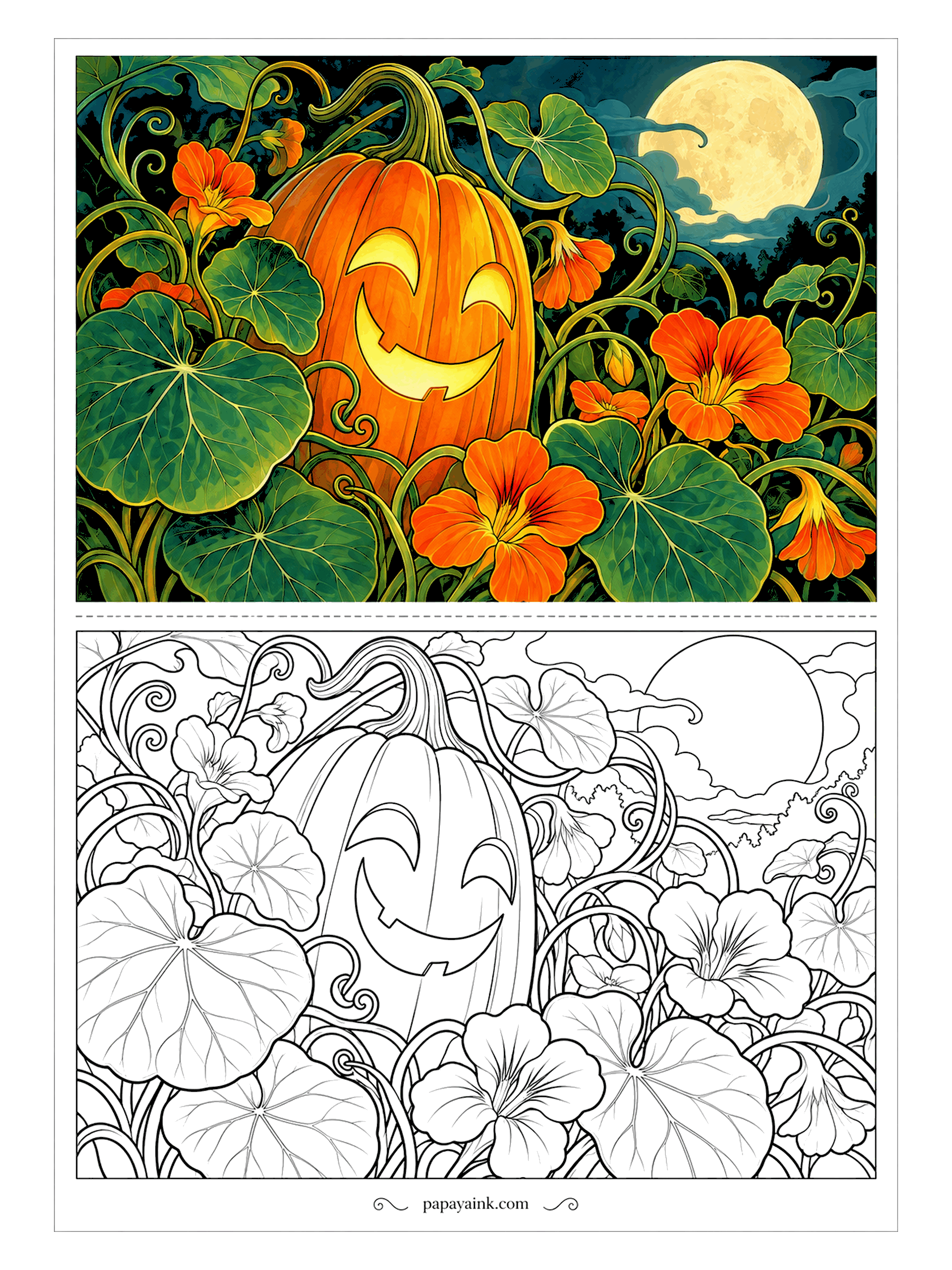 Pumpkin Coloring Pages - Vines curl, leaves fan out and nasturtiums open around a jack-o'-lantern lit under the full moon - pure Art Nouveau, where no line is ever straight. Detailed. Deep greens make the orange glow even brighter.