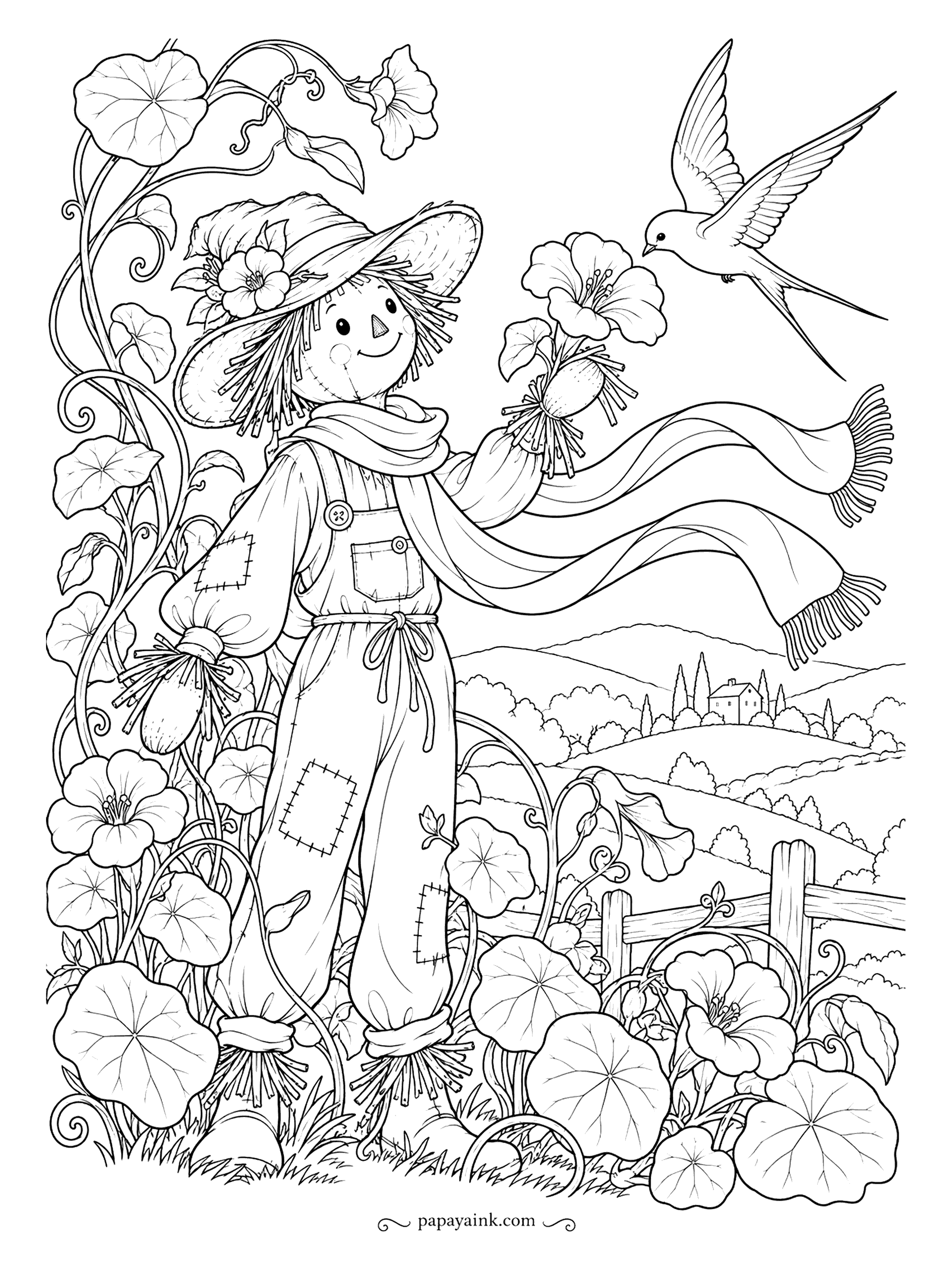 Scarecrow Coloring Pages - Curling vines, round leaves and a scarf that never stops moving: Art Nouveau loves a line that bends. A swallow swoops toward the scarecrow's raised hand as the hills roll off to a distant village. Detailed.