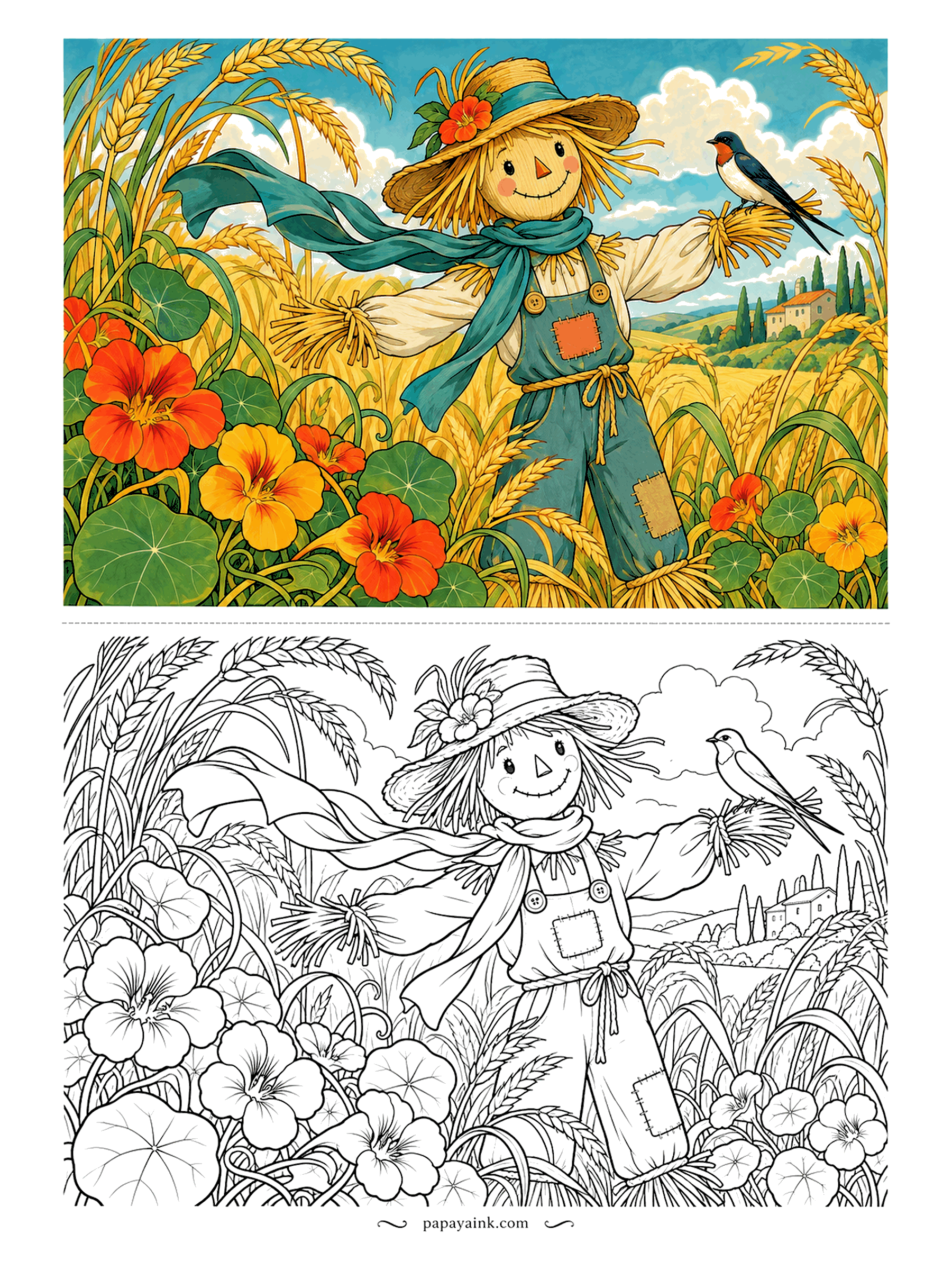 Scarecrow Coloring Pages - Wind catches a long teal scarf and sends it streaming over the wheat in true Art Nouveau curves. A swallow rests on one straw hand, and nasturtiums spill across the foreground. Detailed - fine lines throughout, sharp pencils recommended.