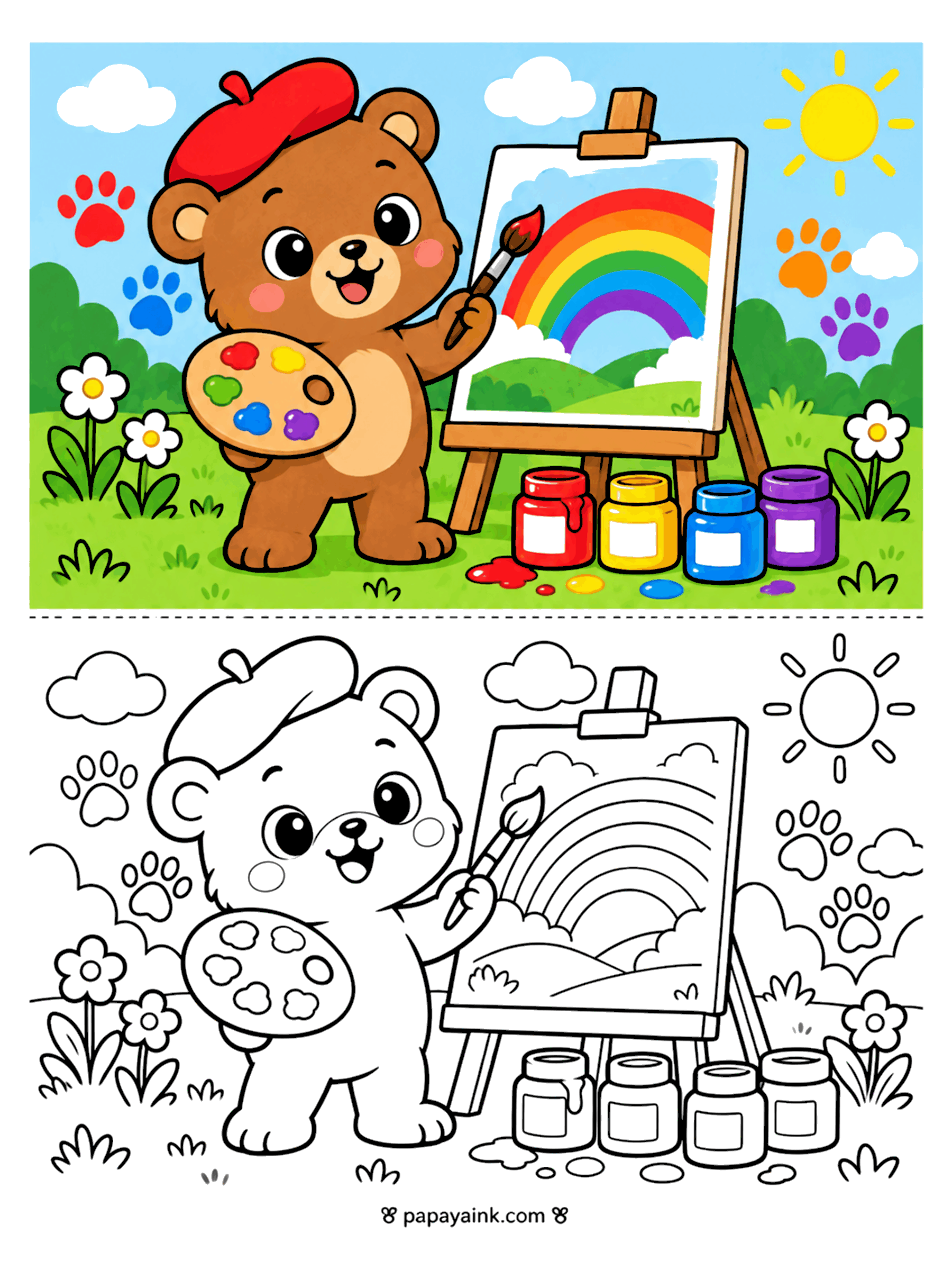 Bear Coloring Pages - Artist bear in a red beret paints a rainbow on an easel, palette in paw and paint jars lined up in the grass.