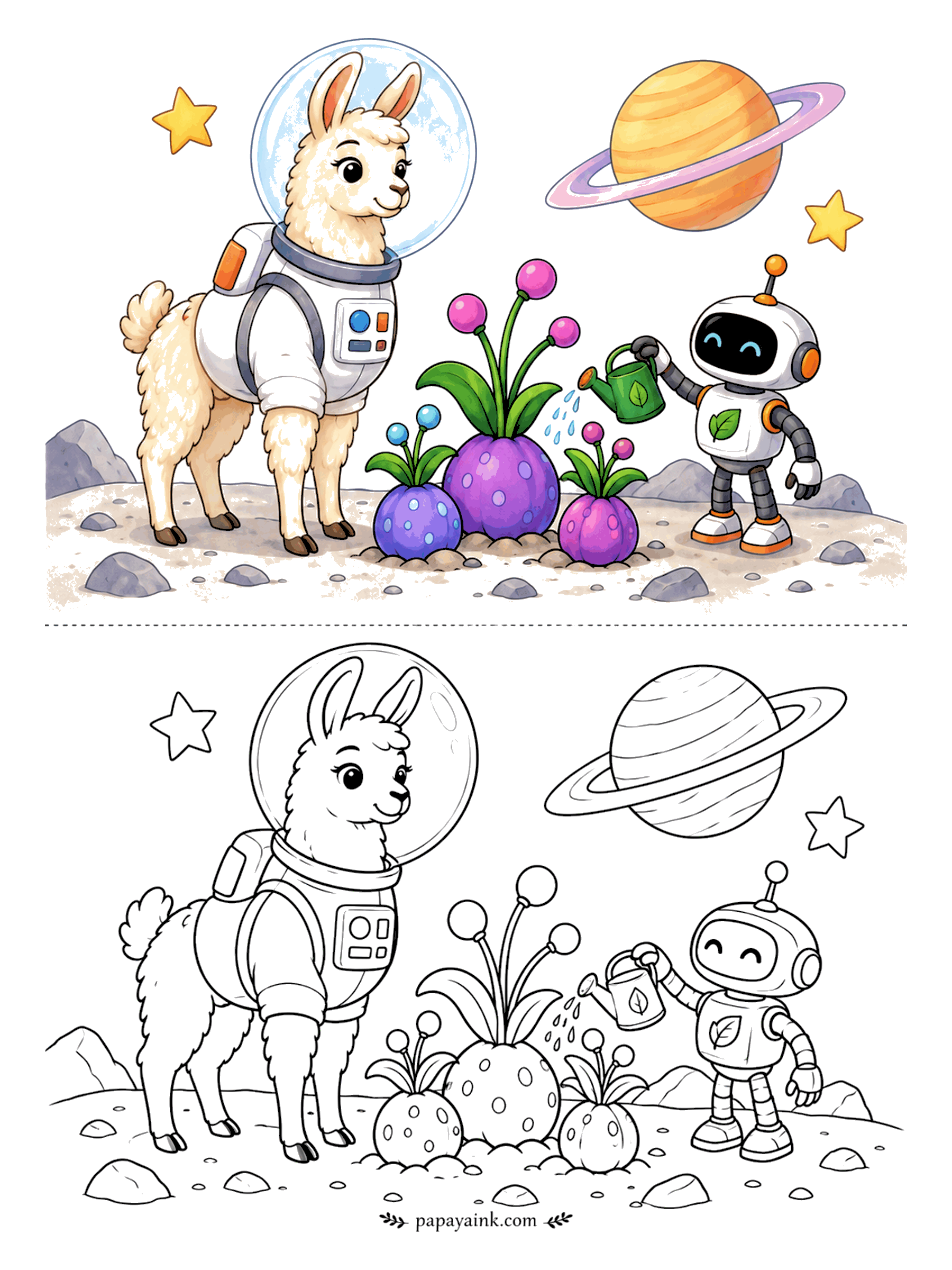 Llama Coloring Pages - Even on a ringed planet the vegetables need watering. The llama in the bubble helmet supervises; the little robot with a leaf on its chest does the actual work. Big simple shapes and plenty of white space - an easy page for younger colorists.