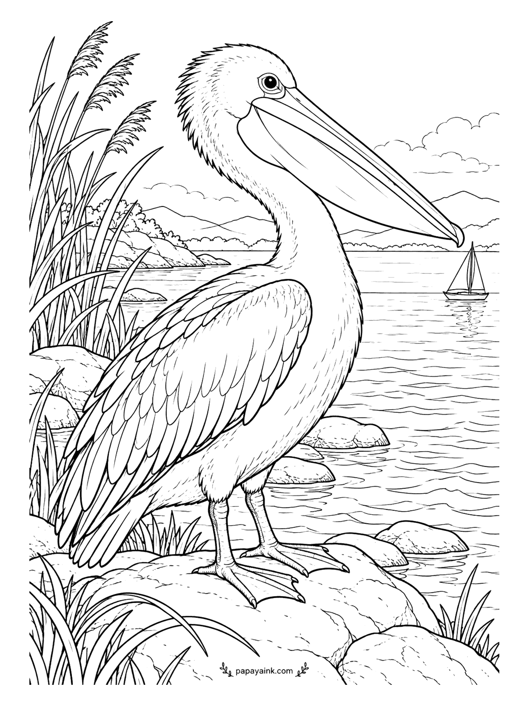 Bird Coloring Pages - No bird on earth has a longer bill. The Australian pelican rests on a shoreline rock, reeds behind and a sailboat out on the bay. White body, black wings, the pouch in pale pink; the bay can be as blue as you like.