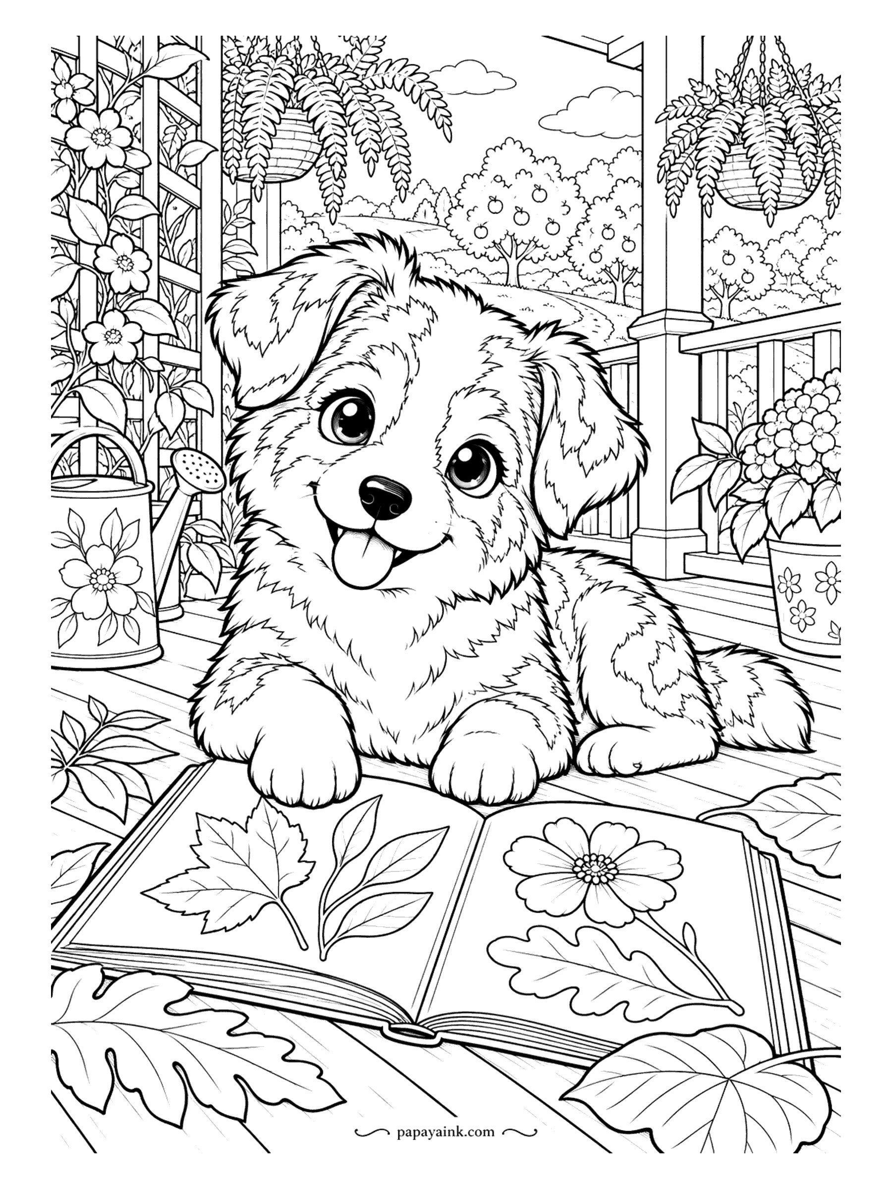 Puppy Coloring Pages - Somebody opened the leaf-pressing book, and the Australian shepherd puppy is now in charge of it. Hanging ferns, a watering can and a trellis of blooms frame the porch. Give each pressed leaf its own autumn color.