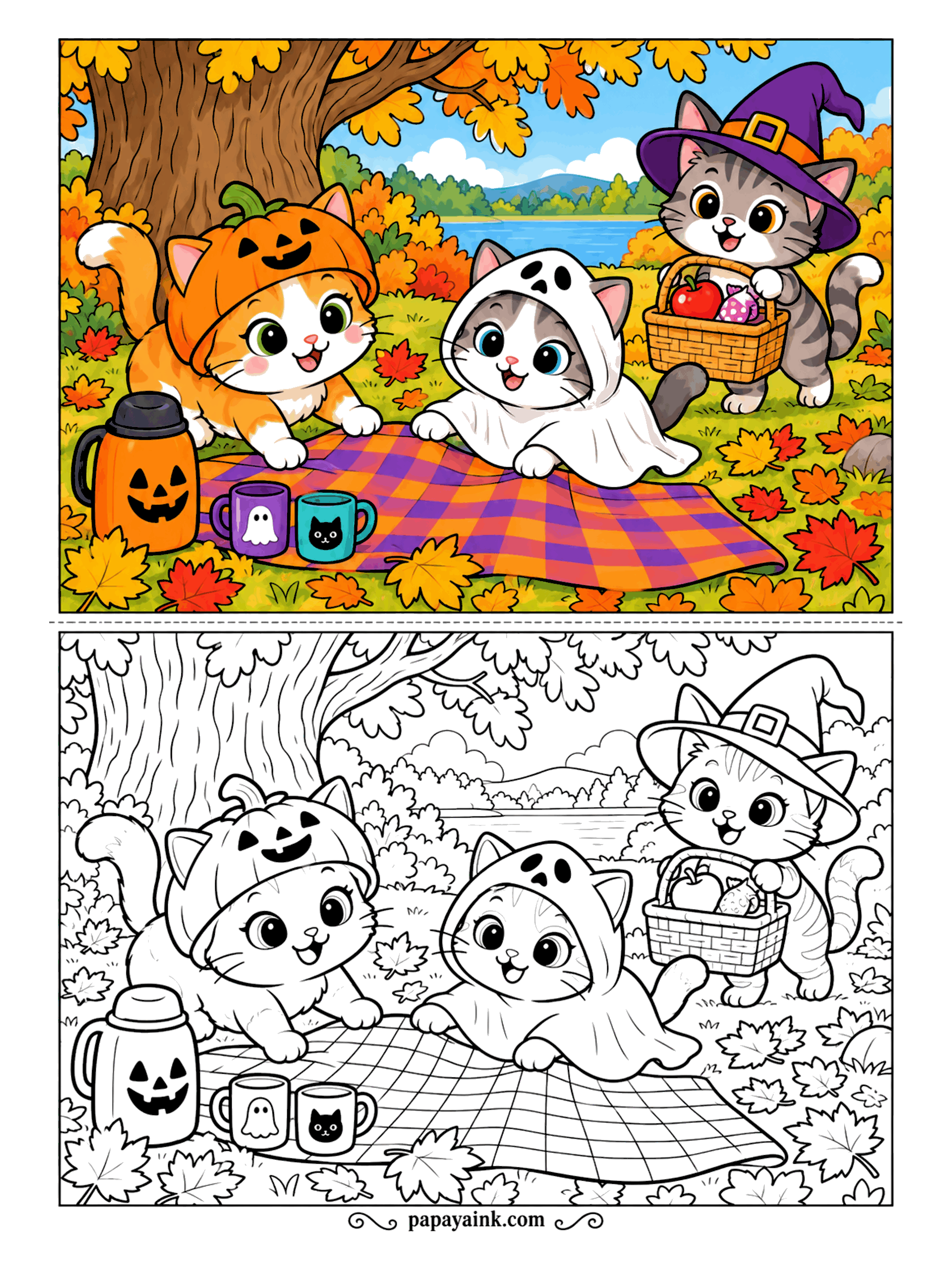 Halloween Cat Coloring Pages - The witch cat is late to the picnic but brought the basket. A tabby in a pumpkin hat and a kitten in a ghost hood already have the plaid blanket and the mugs. Start with the lake and the leaves; the blanket squares want patience.