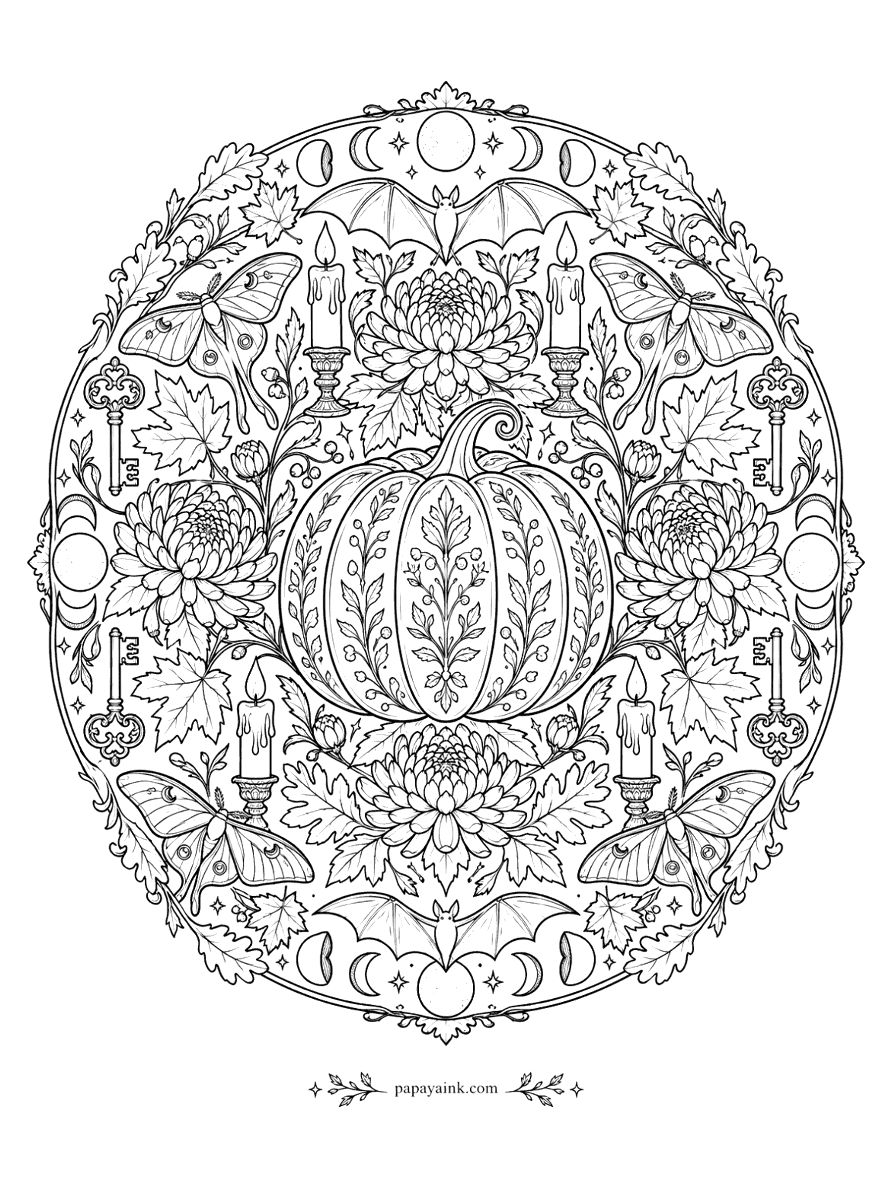 Halloween Coloring Pages for Adults - Round autumn mandala with a folk-art pumpkin at the center, surrounded by chrysanthemums, candles, moths, bats, skeleton keys, and moon phases (Detailed)