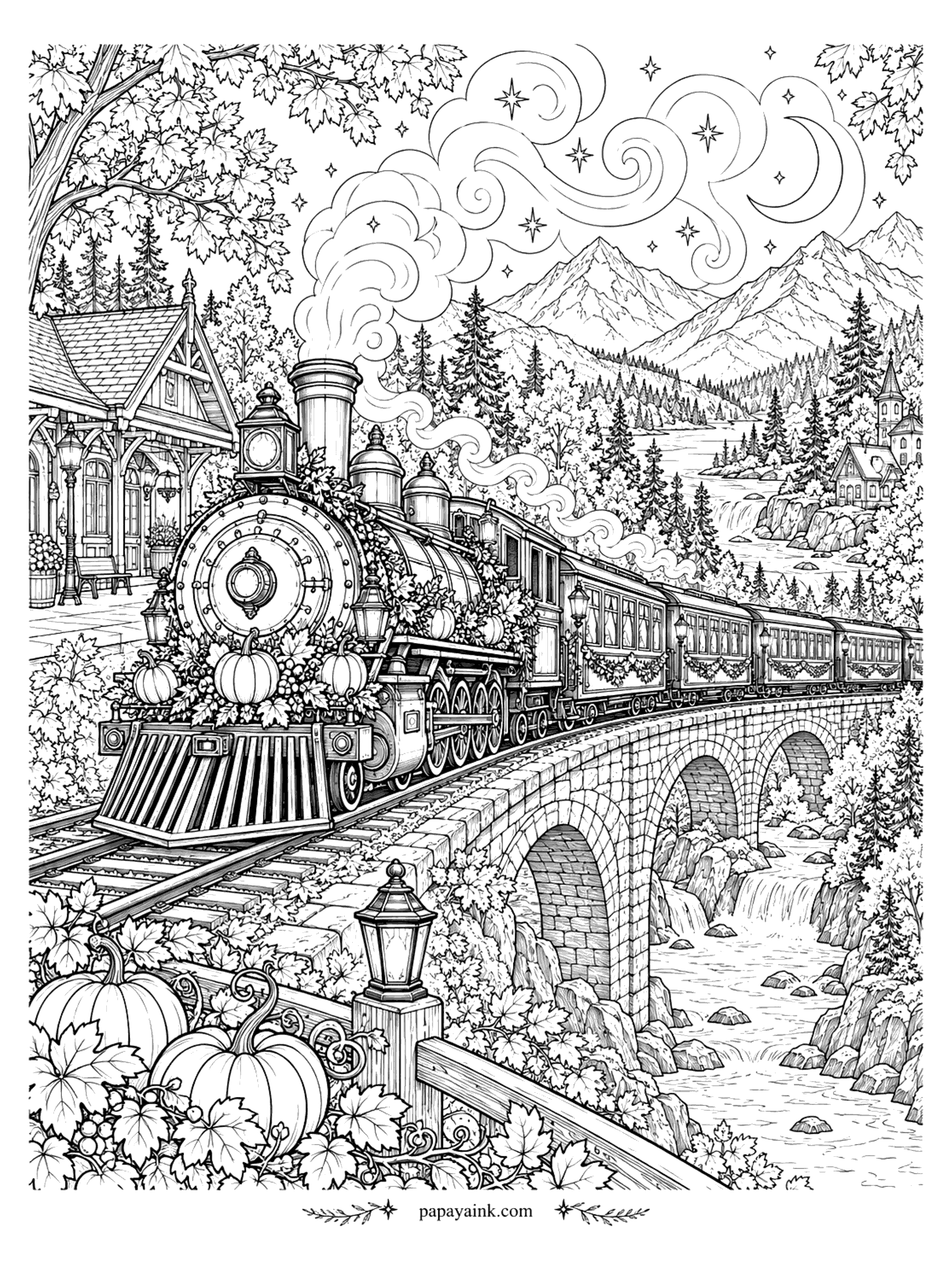 Halloween Coloring Pages for Adults - Vintage steam train decorated with pumpkins and garlands crossing a stone arch bridge over a river, with mountains, a waterfall, and a crescent moon (Detailed)