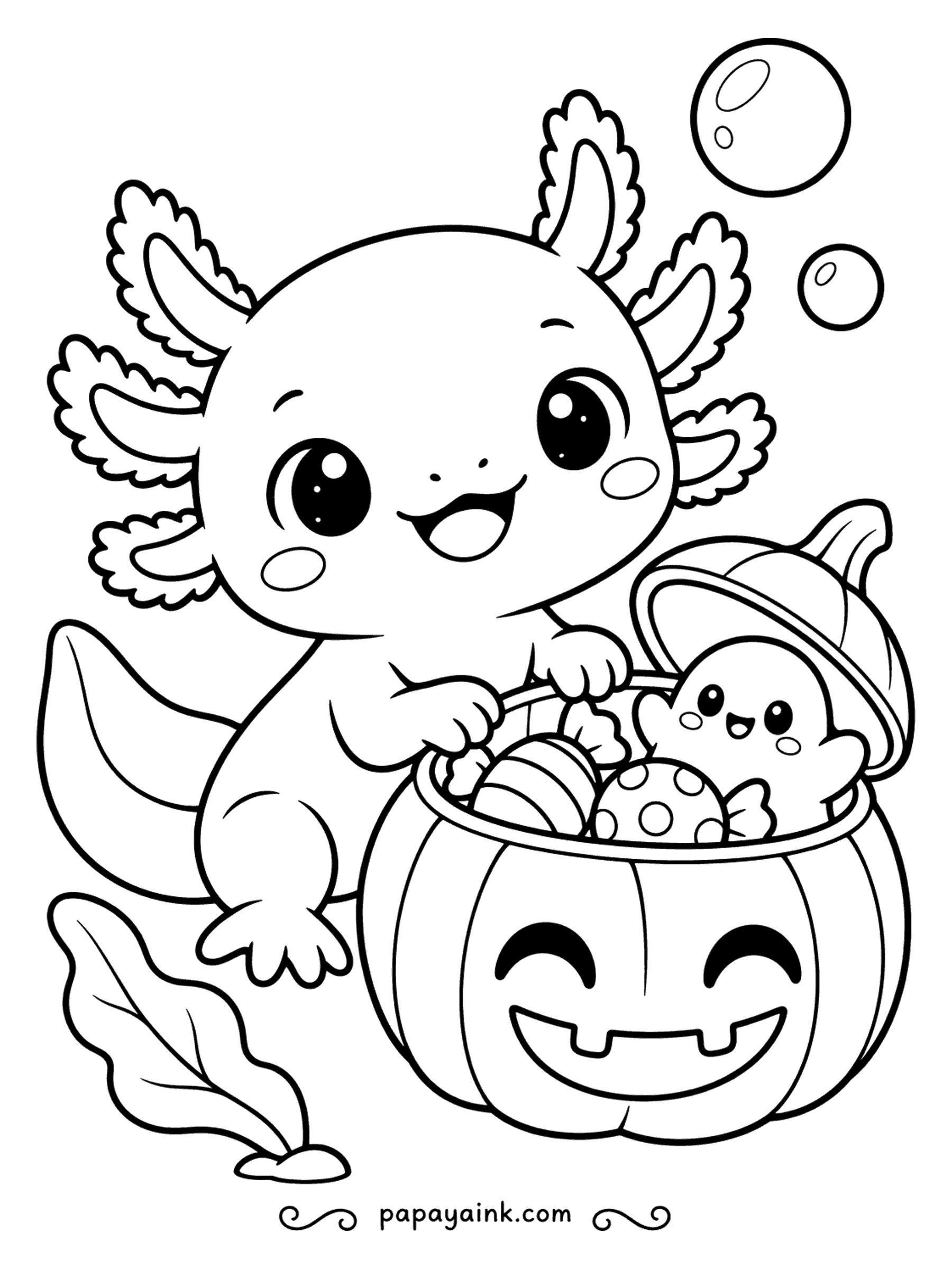 Easy Cute Halloween Coloring Pages - Candy haul: the axolotl pops open a pumpkin bucket filled with wrapped sweets, and a ghost pops up with them; bubbles float overhead. Feathery gills on both sides are the detail to color carefully.