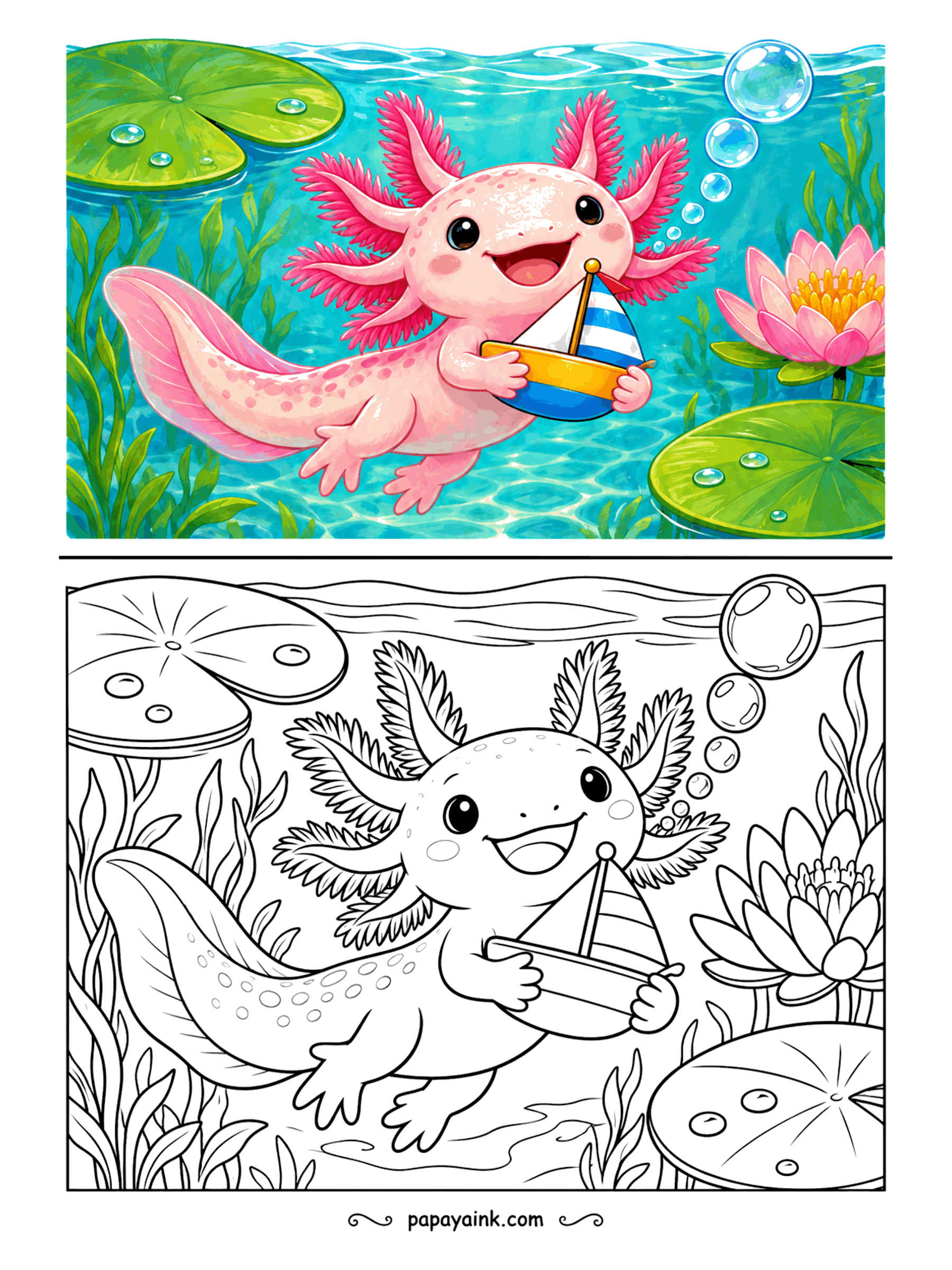 Copy Coloring Pages - Someone has to captain the toy sailboat, and the axolotl volunteered. It swims under floating leaves and a water lily, holding the boat up like a trophy, feathery gills fanned out. Pale pink body, deeper pink gills, striped sail.