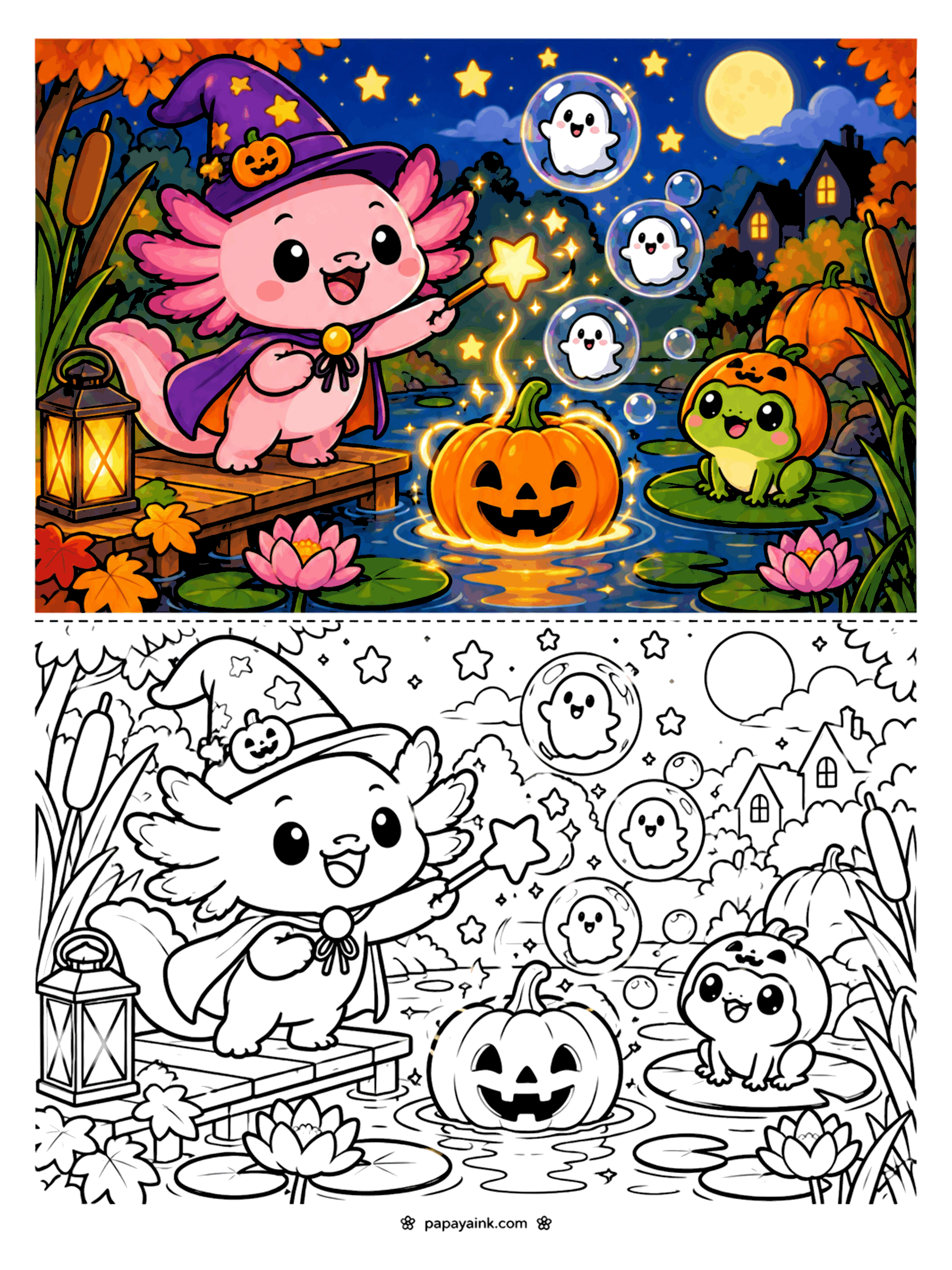Easy Cute Halloween Coloring Pages - Axolotl wizard waving a star wand as ghost bubbles float over a lantern-lit pond