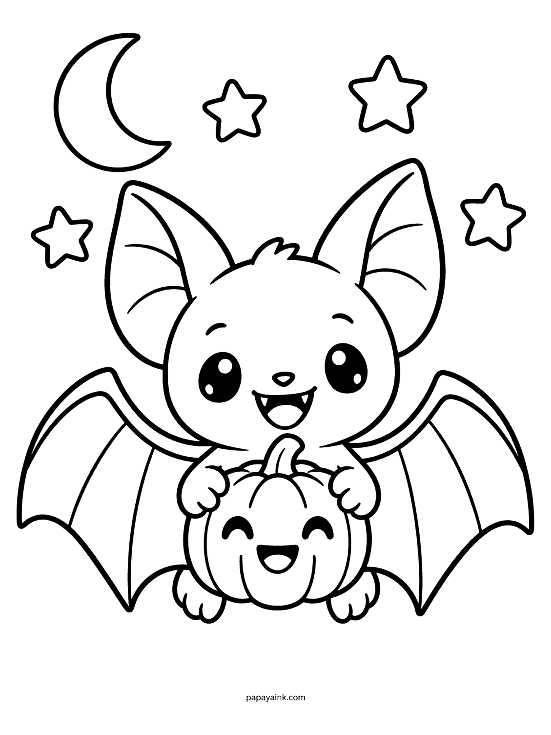 Easy Cute Halloween Coloring Pages - Baby bat with wide wings holding a smiling pumpkin under a crescent moon and stars