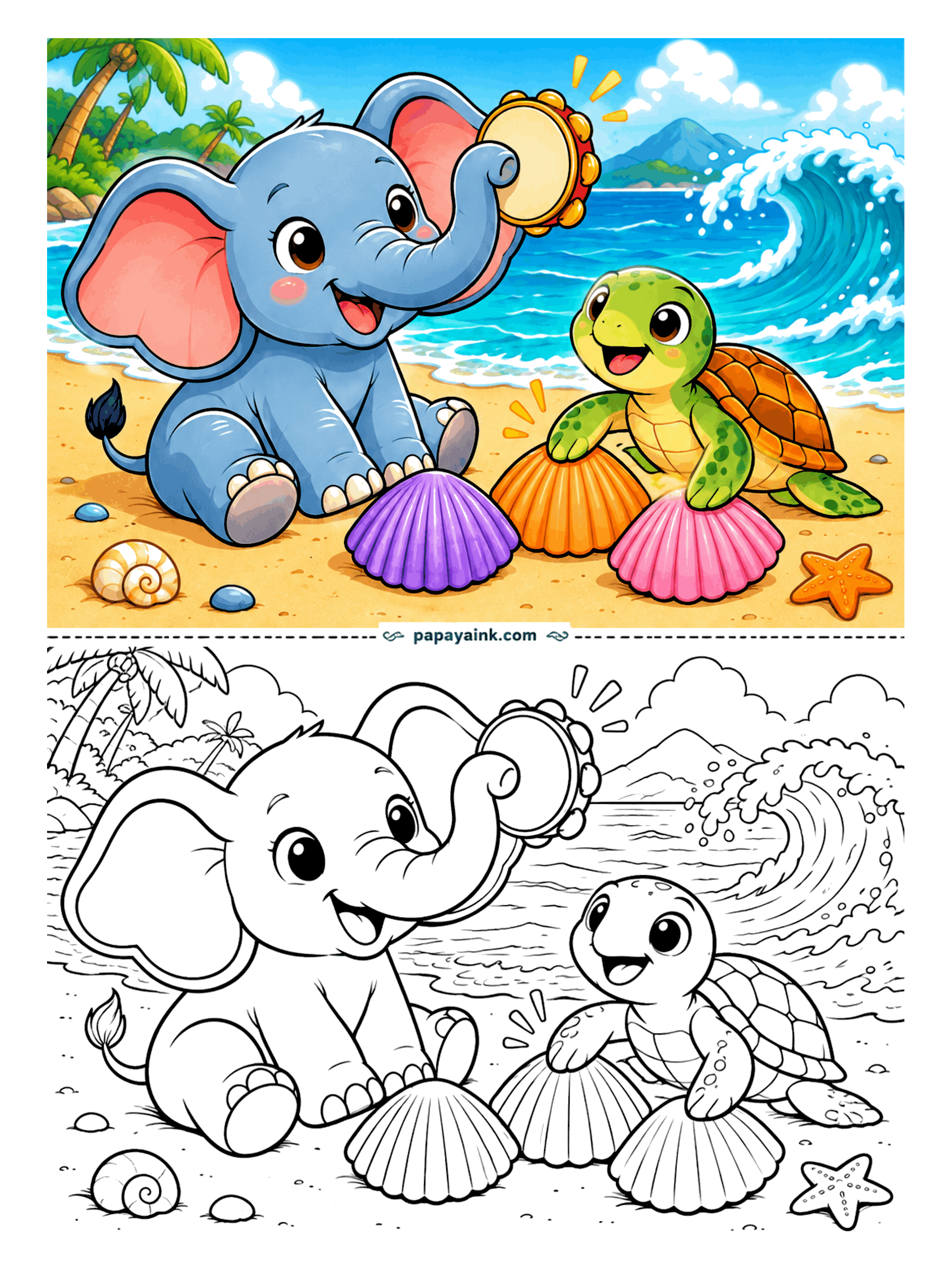 Elephant Coloring Pages - Beach band, two members so far. One shakes a tambourine with the trunk, the sea turtle drums on scallop shells, and the wave behind them supplies the bass. Simple, rounded shapes with plenty of open sand and sky.