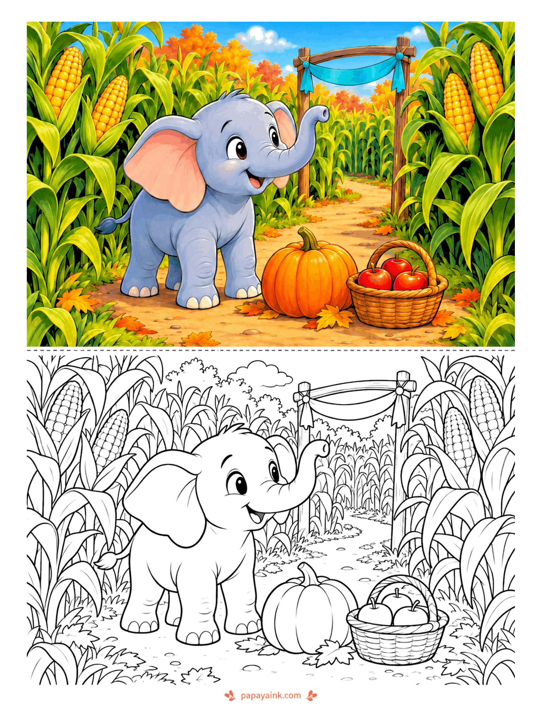 Elephant Coloring Pages - Corn grows taller than an elephant - a young one, admittedly. A ribbon marks the entrance to the maze, and a pumpkin and a basket of apples wait at the gate. Detailed - long layered leaves on every stalk.