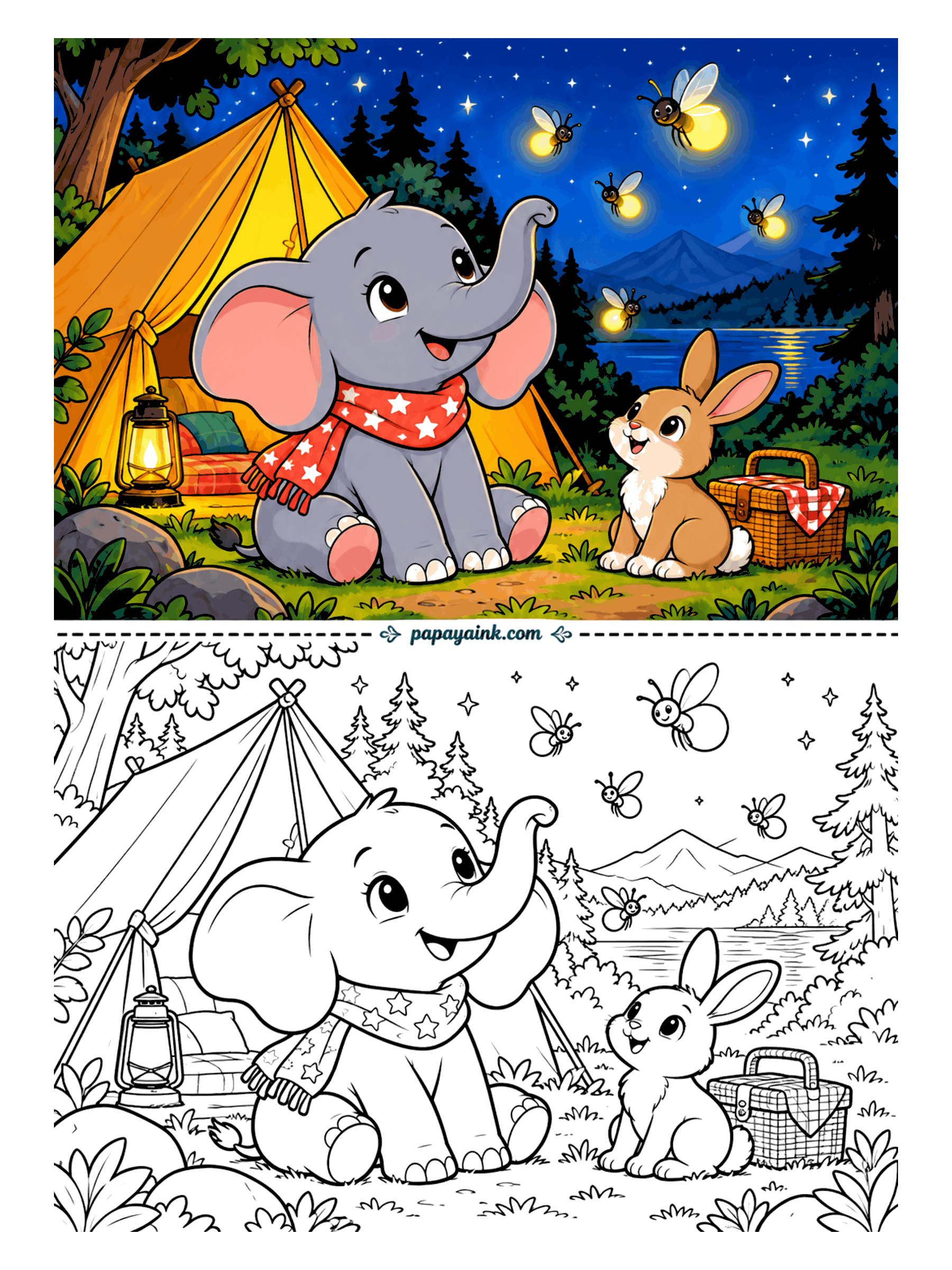 Elephant Coloring Pages - Fireflies do the lighting at this campsite. A tent, an oil lantern, a picnic basket and a rabbit for company - the star-print scarf is for style. Try a deep blue night and leave the glow spots pale yellow.