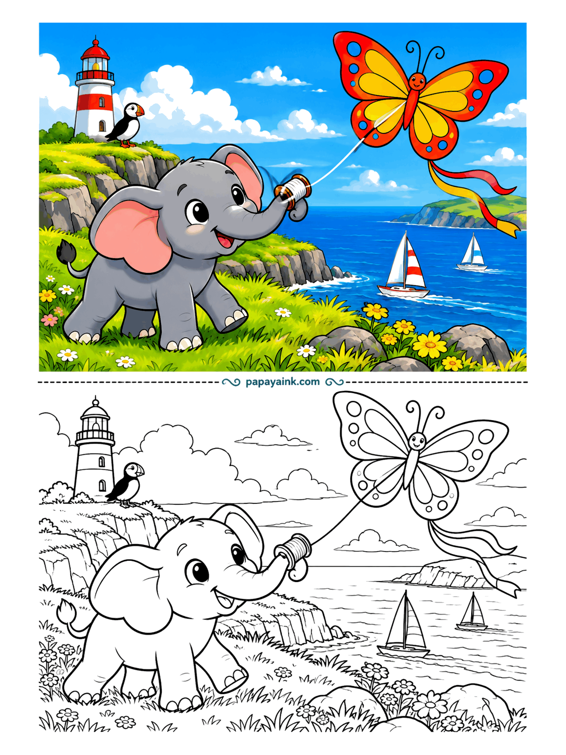 Elephant Coloring Pages - On the clifftop the butterfly kite pulls hard, and the trunk grips the spool. A puffin keeps watch near the lighthouse while sailboats cross the bay below. Open sky and sea - good practice for smooth, even shading.