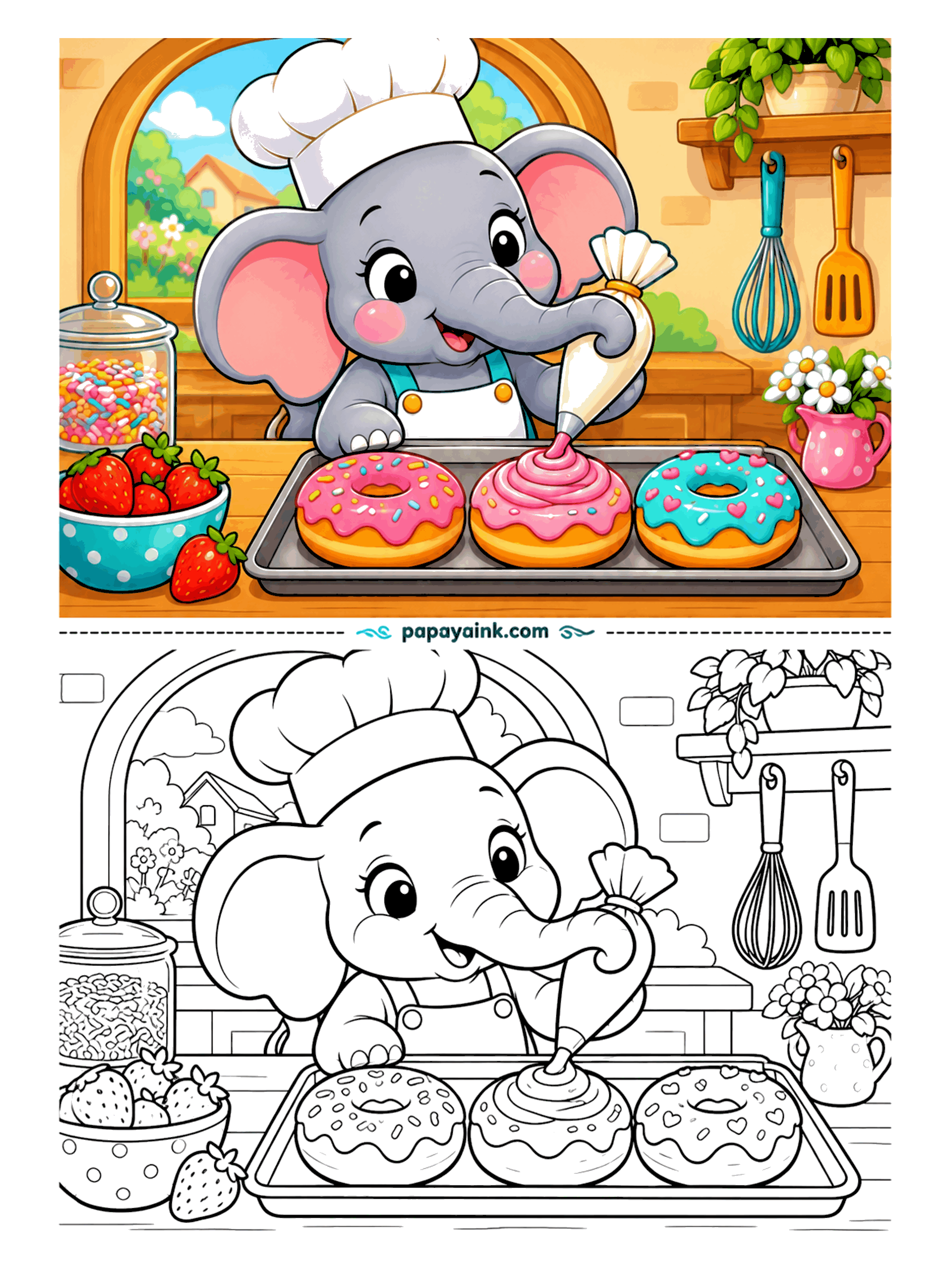 Elephant Coloring Pages - Frosting goes on with a piping bag held in the trunk, which is steadier than most hands. Sprinkles in the jar, strawberries in the bowl, a whisk on the wall. Big round shapes - easy, and good for bright markers.