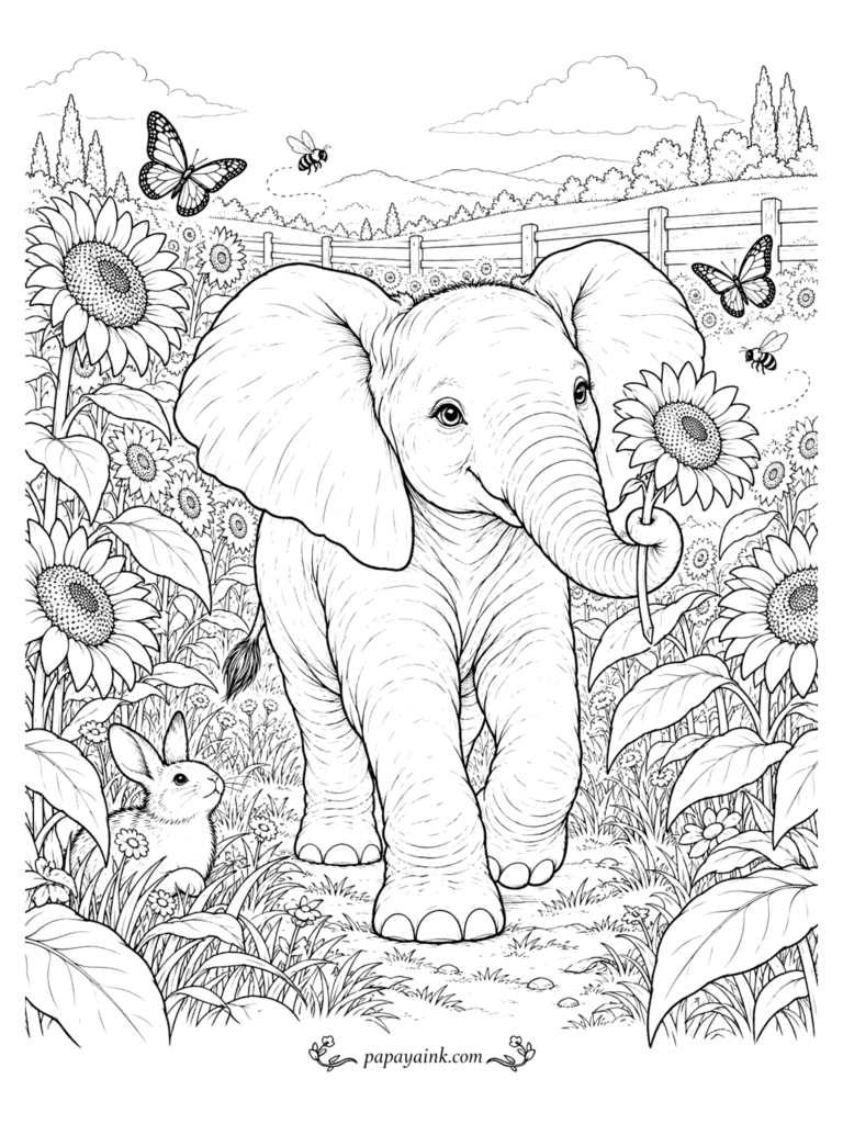 Elephant Coloring Pages - A baby elephant strolls through a sunflower field holding a bloom in its trunk, with a bunny, bees and butterflies keeping it company. Detailed.