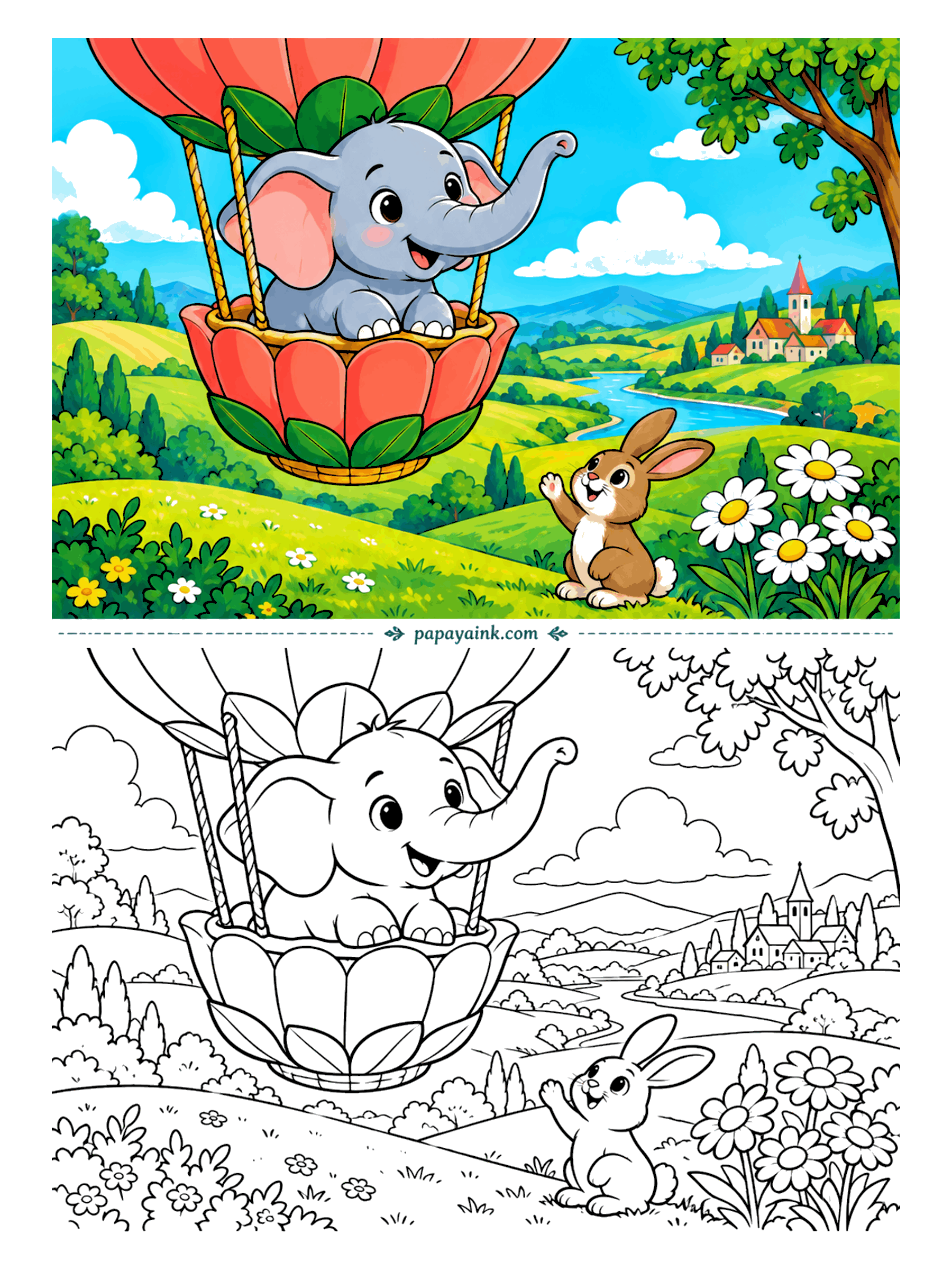 Elephant Coloring Pages - This balloon is a flower with ropes, and it flies well enough to clear the hills. A rabbit waves from the daisies as the village and the river slide by below. Easy shapes up top, small details in the distance.
