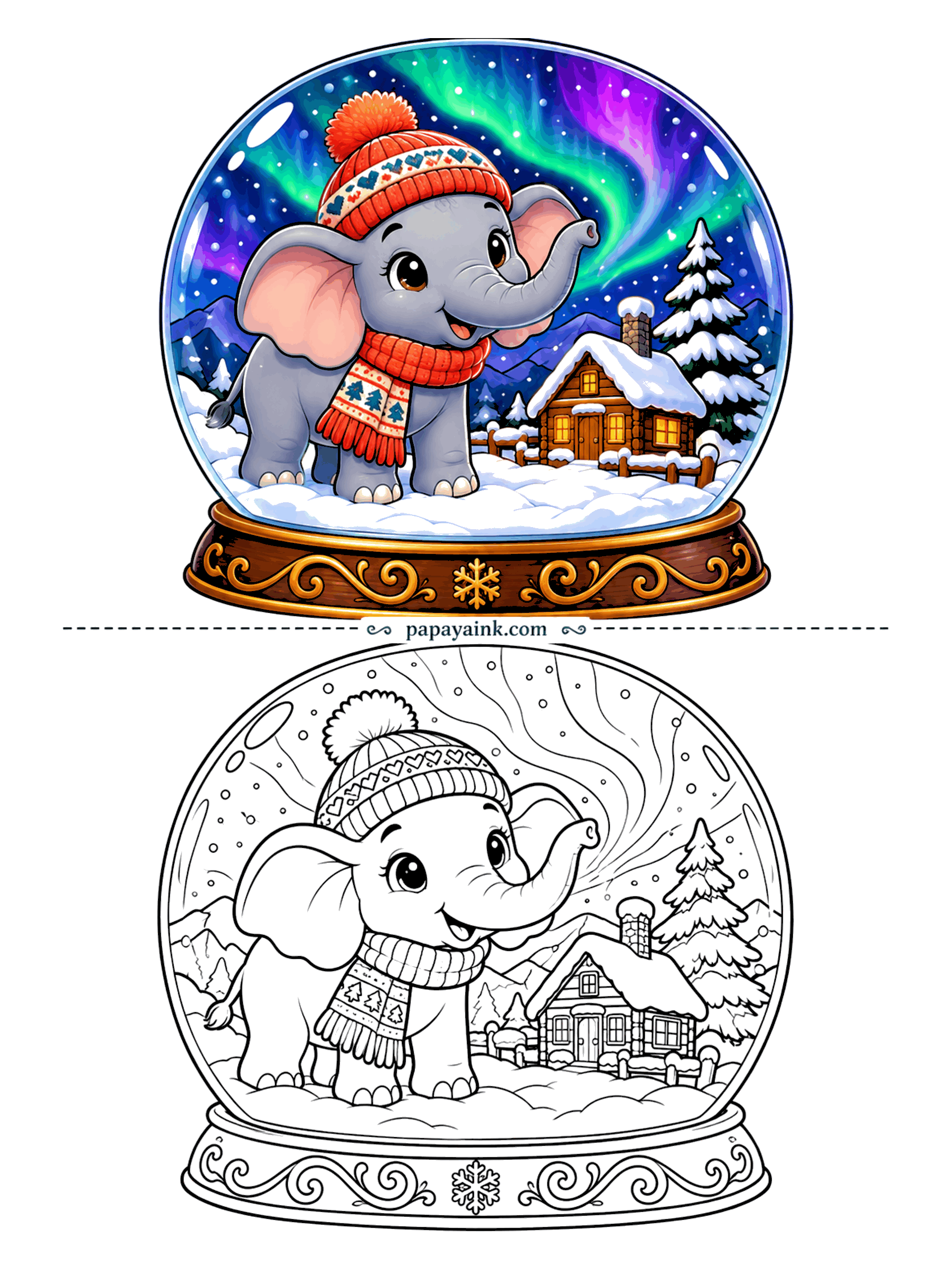 Elephant Coloring Pages - Shake the globe and it snows on a small elephant in a knitted hat, with a log cabin behind and northern lights overhead. The aurora is the fun part: blend green into violet and keep the snow white.