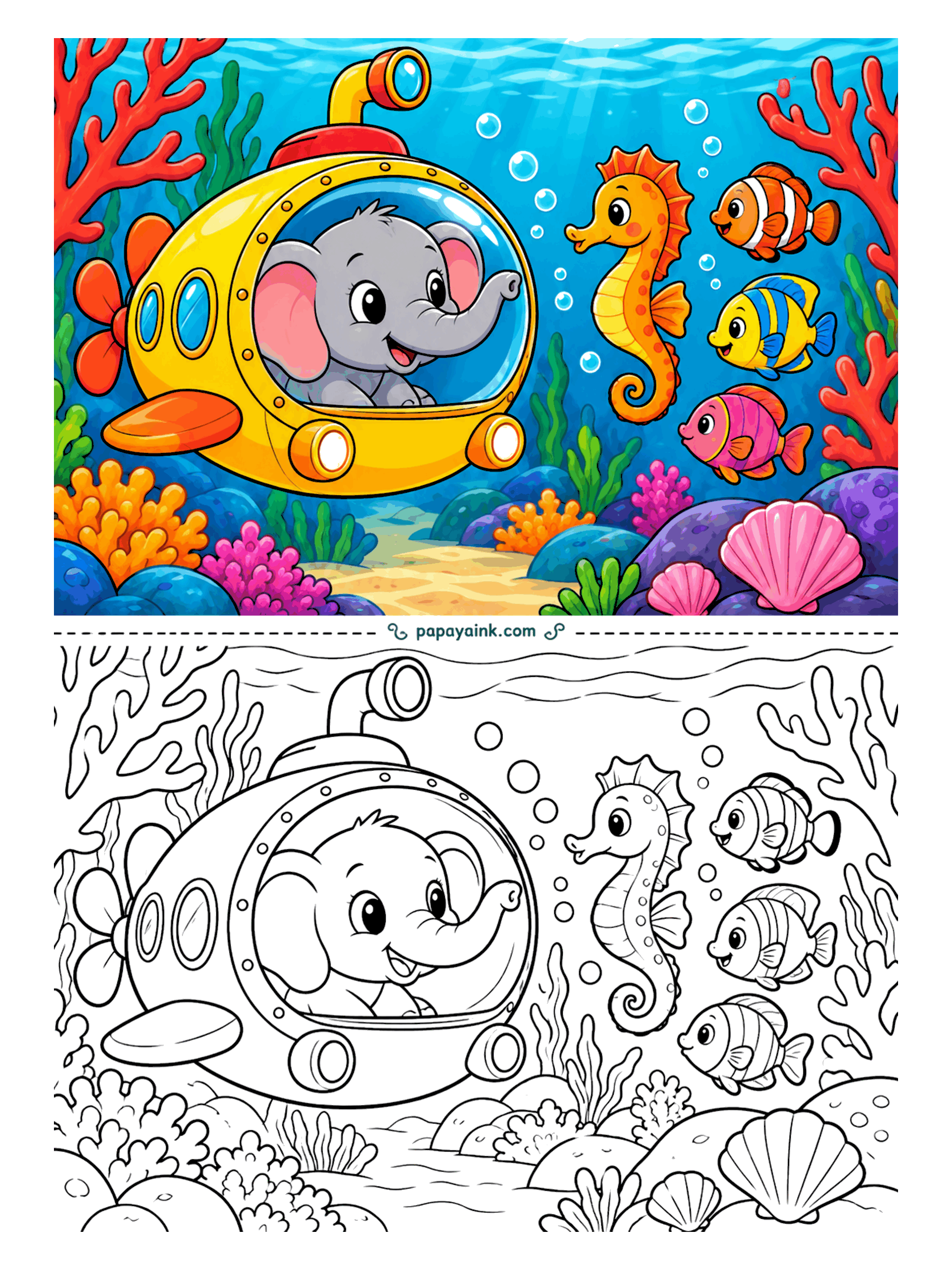 Elephant Coloring Pages - Through the round window of a small submarine, the reef looks close enough to touch. A seahorse and a few striped fish have come over to look back. Coral, shells and bubbles leave room for every bright color in the box.