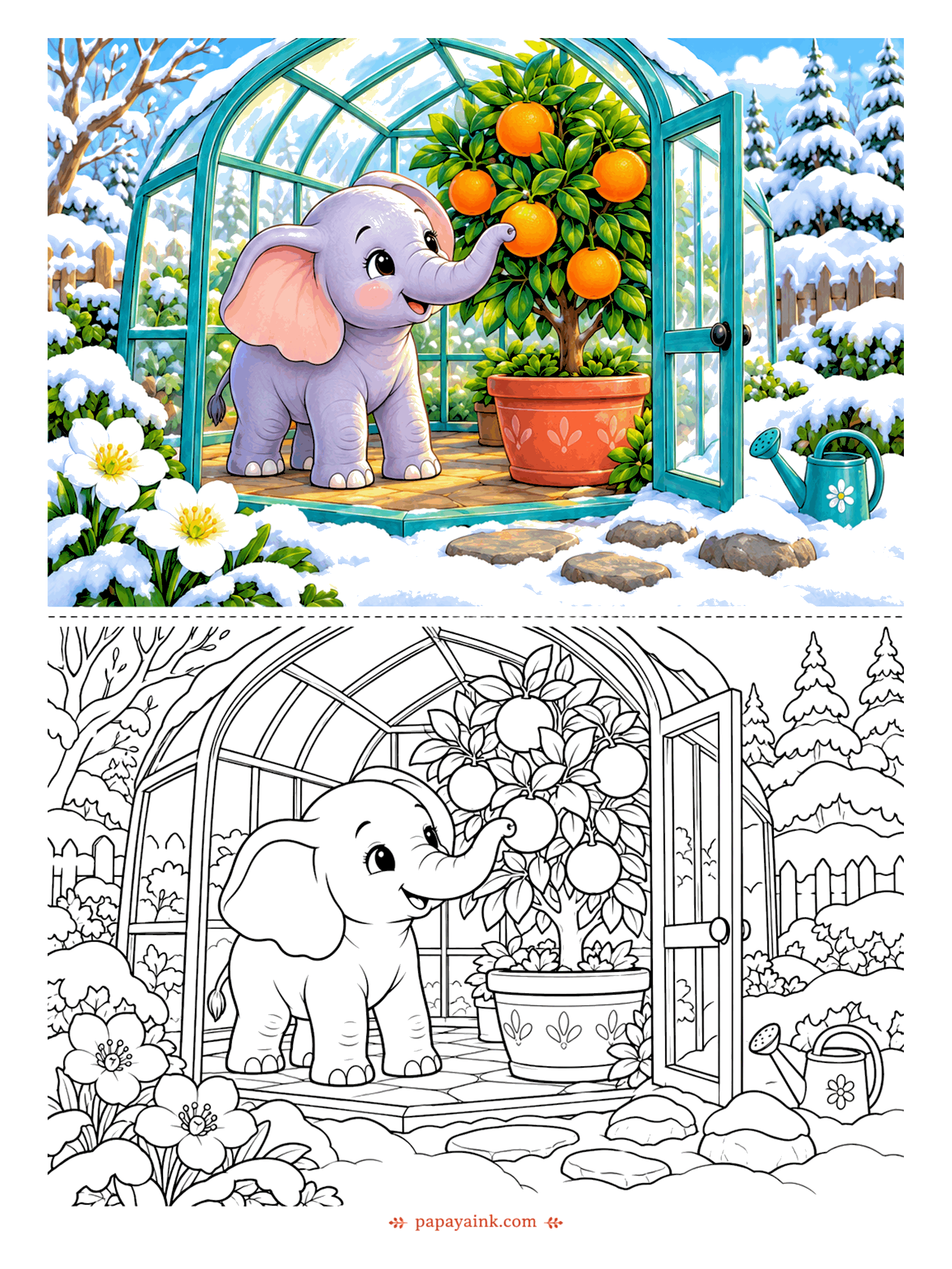 Elephant Coloring Pages - Snow outside, oranges inside. In the glass greenhouse the tree is heavy with fruit, and a curious trunk checks whether any of it is ripe. Try cold blues for the garden and keep every warm color behind the glass.