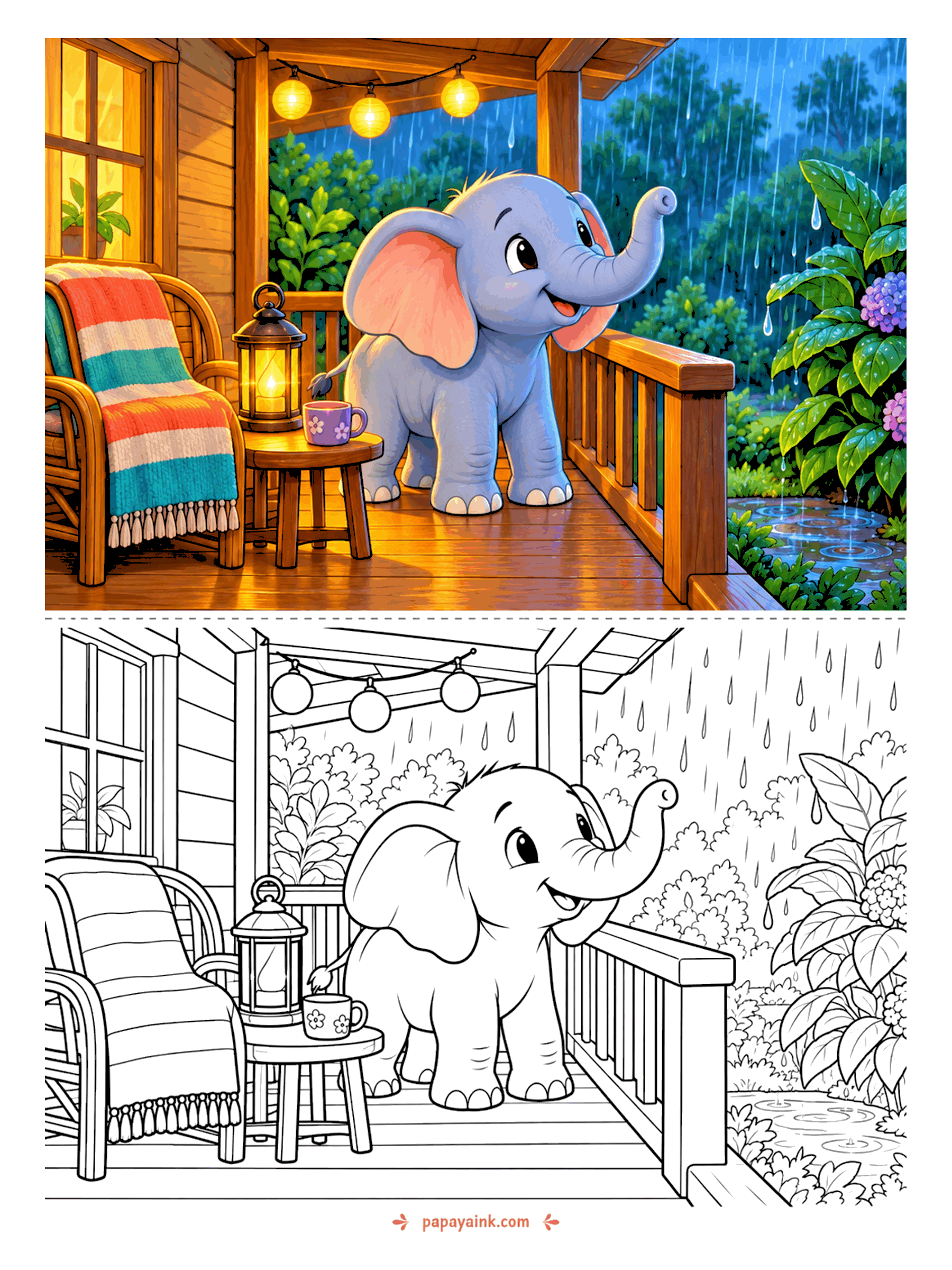 Elephant Coloring Pages - Rain on the garden, string lights on the porch, a mug beside the lantern. The elephant stands at the railing with its trunk held out to catch a few drops. Try a dark, cool background against the warm glow.