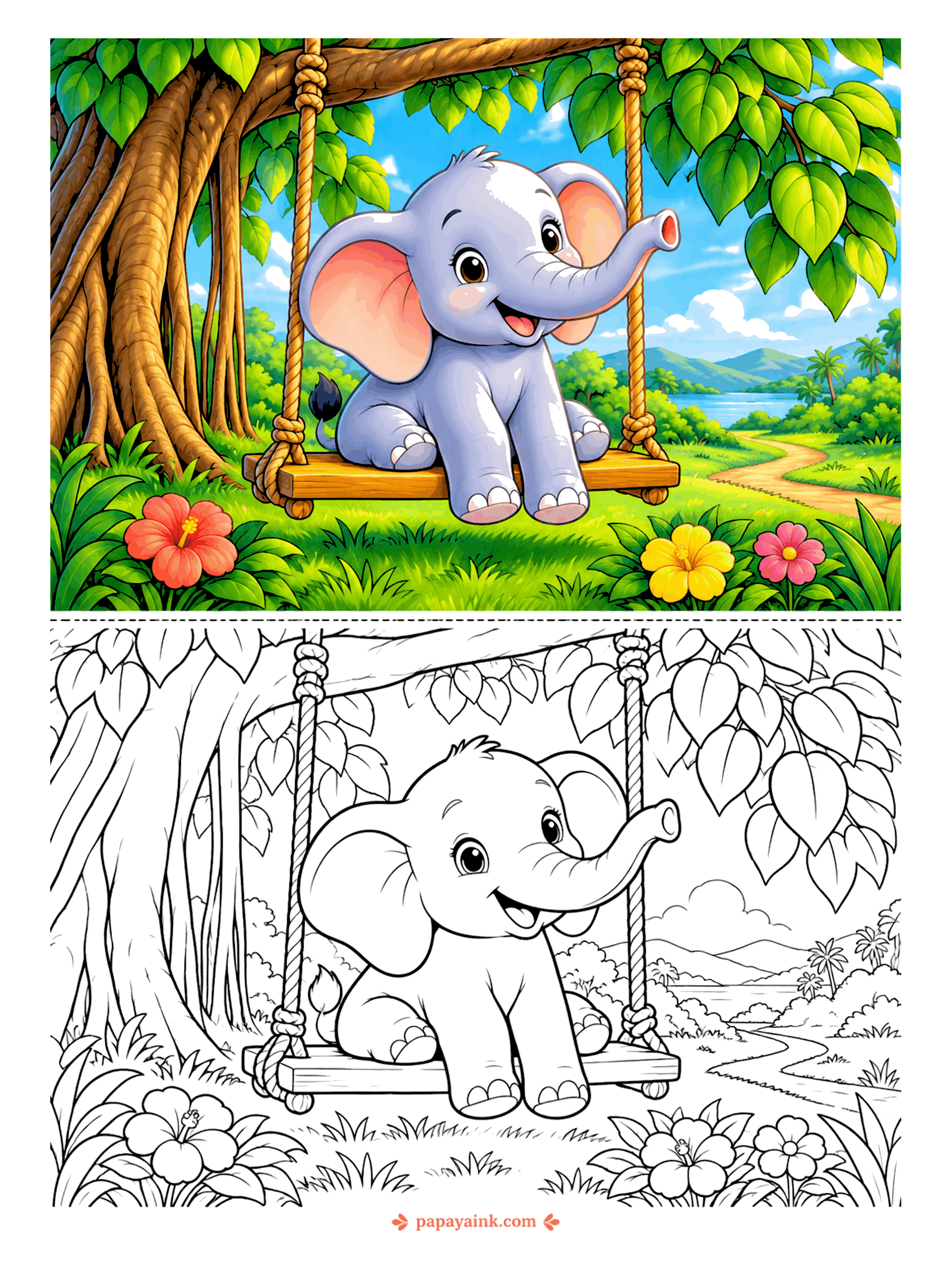 Elephant Coloring Pages - With a plank, a pair of ropes and a very solid branch, the swing holds - which says a lot about the tree. Hills and a lake open up behind. Easy outlines on the elephant, more leaf work overhead.