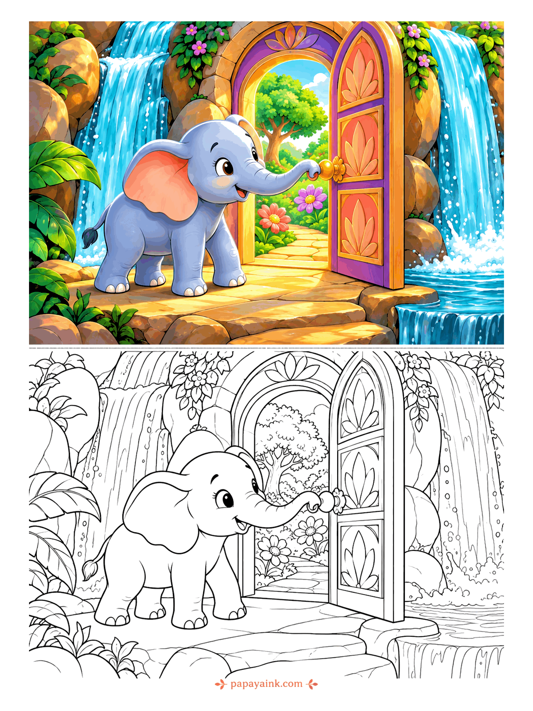 Elephant Coloring Pages - Behind the waterfalls there is a door, and behind the door a garden nobody mentioned. A careful trunk on the brass knob is all it takes. Detailed - carved panels, falling water and stone steps reward sharp pencils.