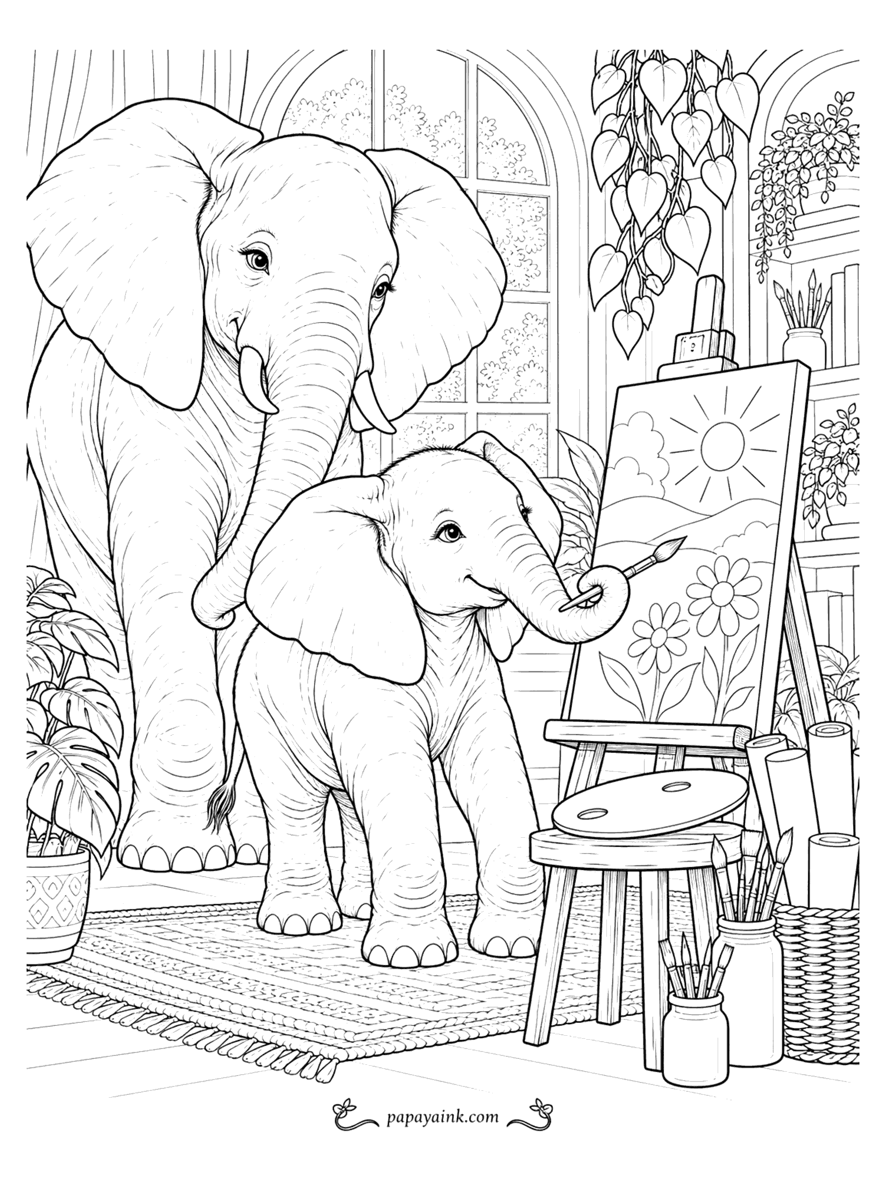 Elephant Coloring Pages - A baby elephant paints flowers and a sun on an easel canvas while its mother looks on in a sunny studio.