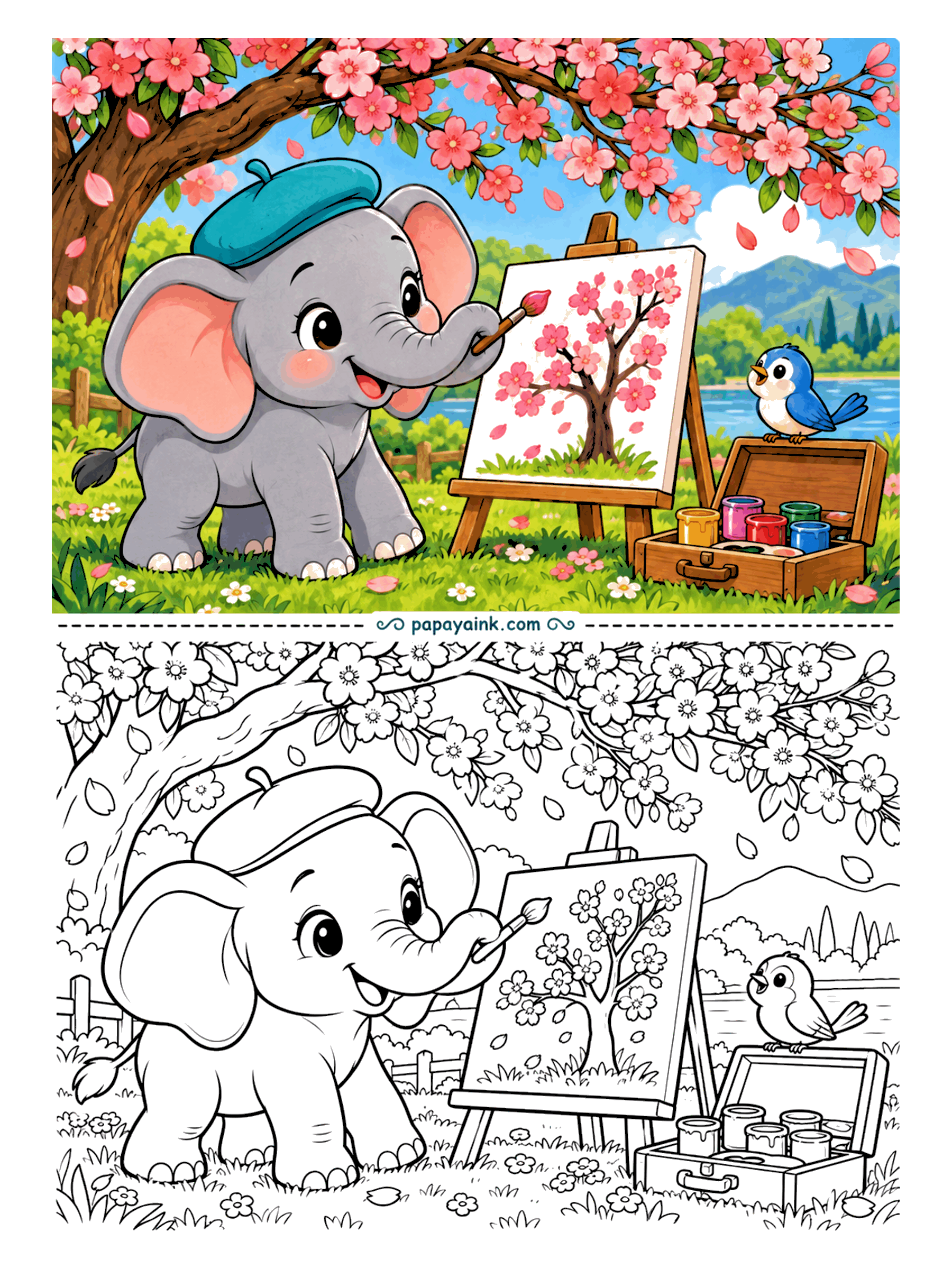 Elephant Coloring Pages - Painting a cherry tree while standing under one saves a lot of guesswork. The beret is on, the bluebird on the paint box offers opinions, and petals keep landing in the grass. Detailed - blossoms on every branch.