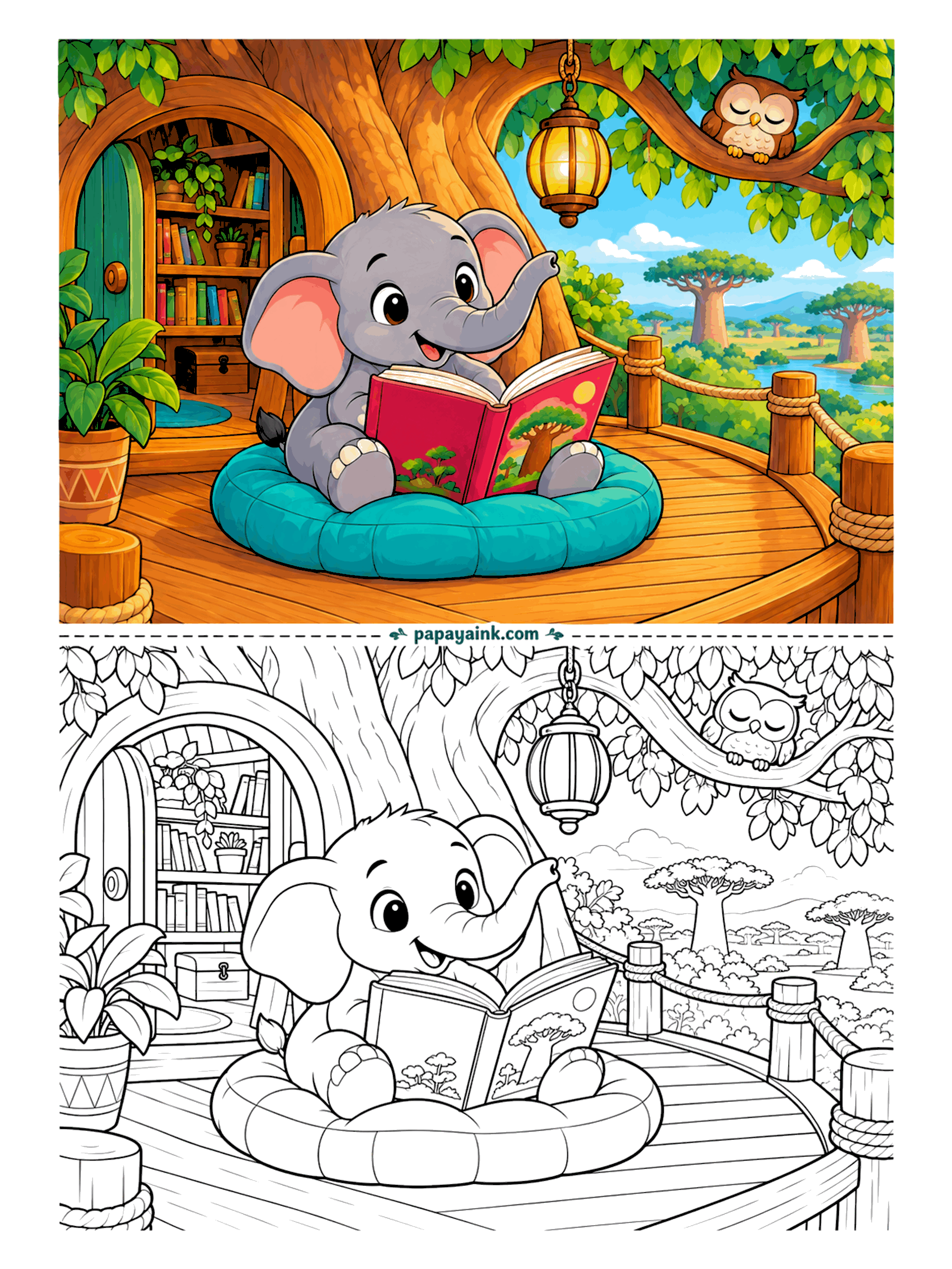 Elephant Coloring Pages - Reading goes best high in a tree, on a cushion, with the owl overhead already asleep. Shelves show through the open doorway and baobabs dot the plain beyond the rope railing. Detailed - wood grain, books and leaves.