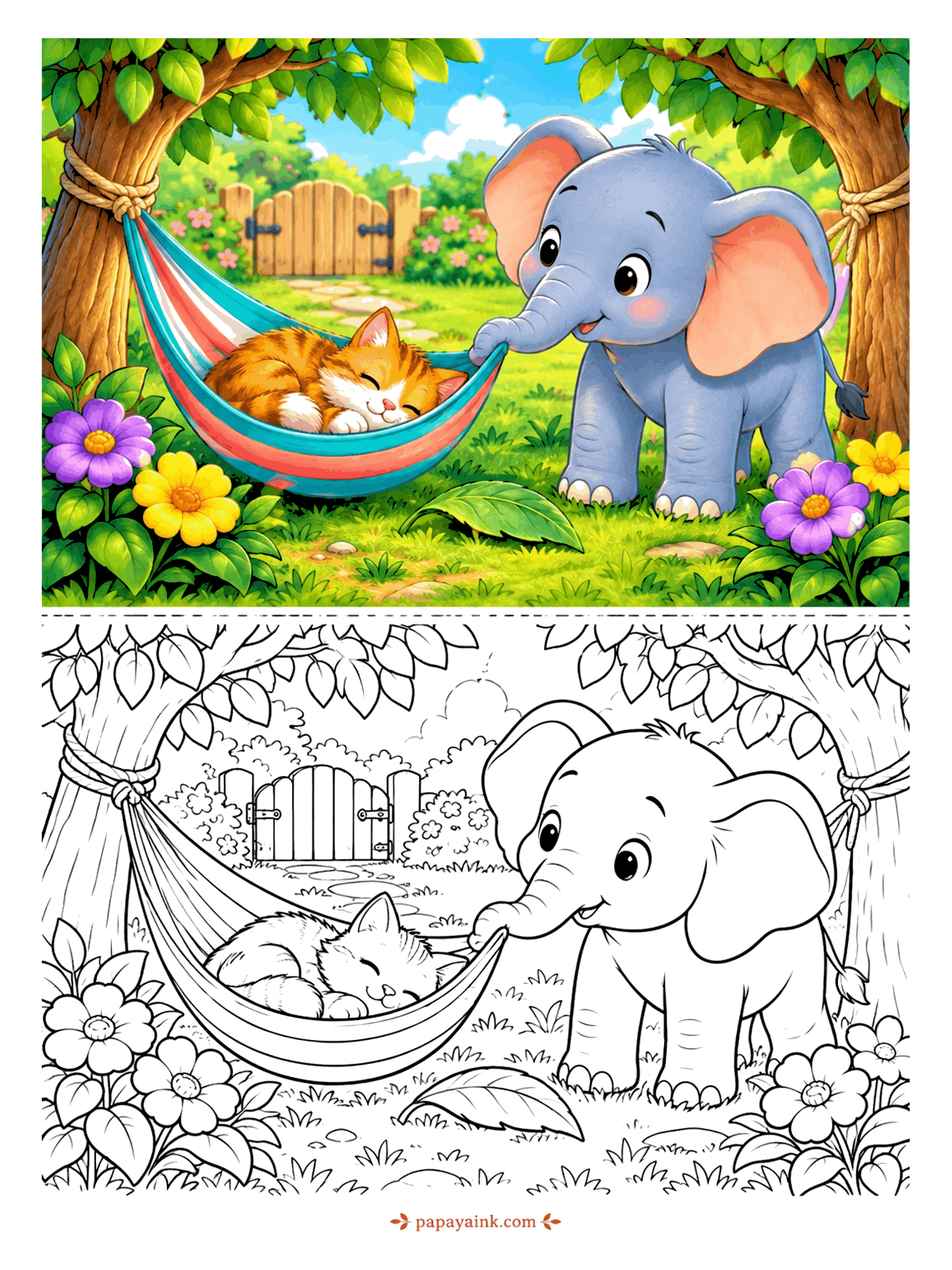 Elephant Coloring Pages - Somebody has taken the hammock. The ginger kitten is fast asleep in it, and the elephant gives the edge a slow rock rather than argue. The striped cloth and the tabby fur are the places to play with color.