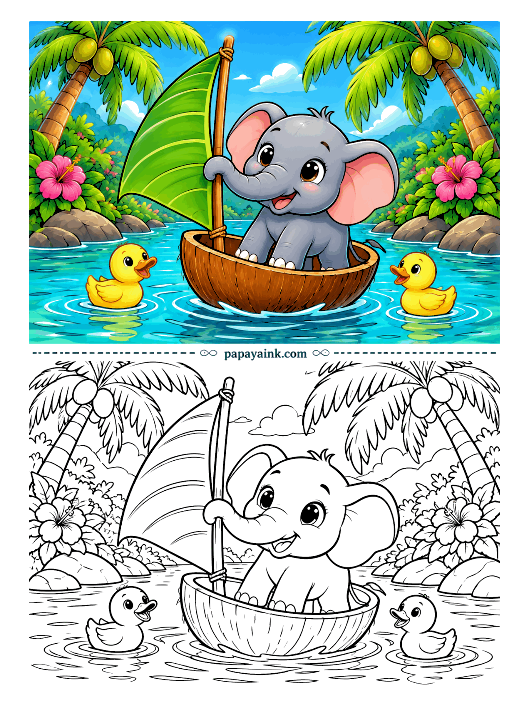 Elephant Coloring Pages - Half a coconut, one large leaf and a stick: boatbuilding at its most economical. The trunk holds the mast and a pair of ducklings provides the escort across the lagoon. Hibiscus and palms frame the page - an easy one.