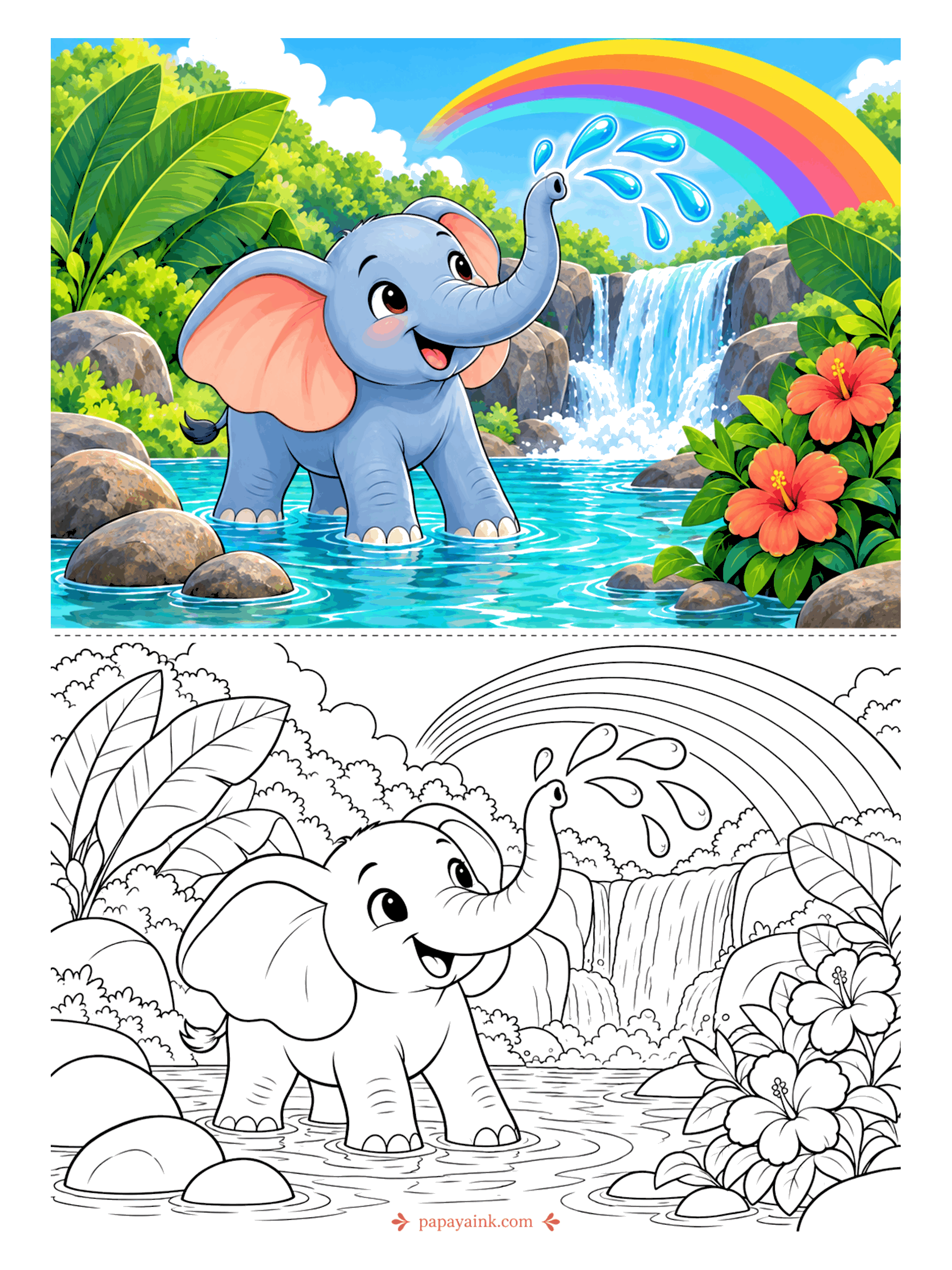 Elephant Coloring Pages - Shower time is self-service when you carry your own hose. The calf fires a fan of drops at the rainbow while a waterfall roars behind. Keep the water pale and let the hibiscus carry the strong color.